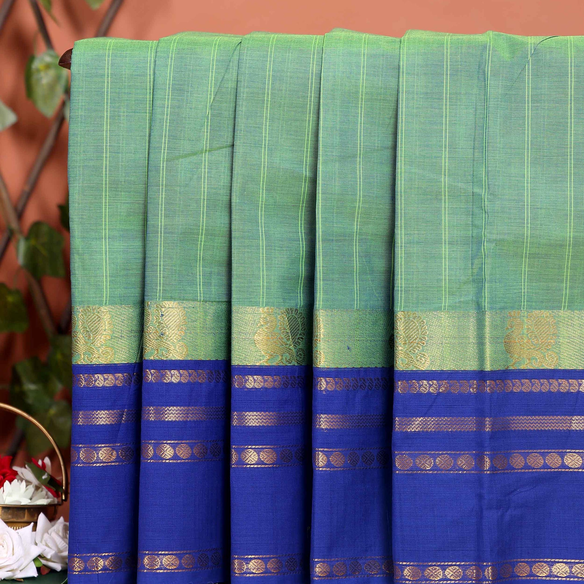 Traditional Chettinad Cotton Saree with Traditional Zari Border - Green