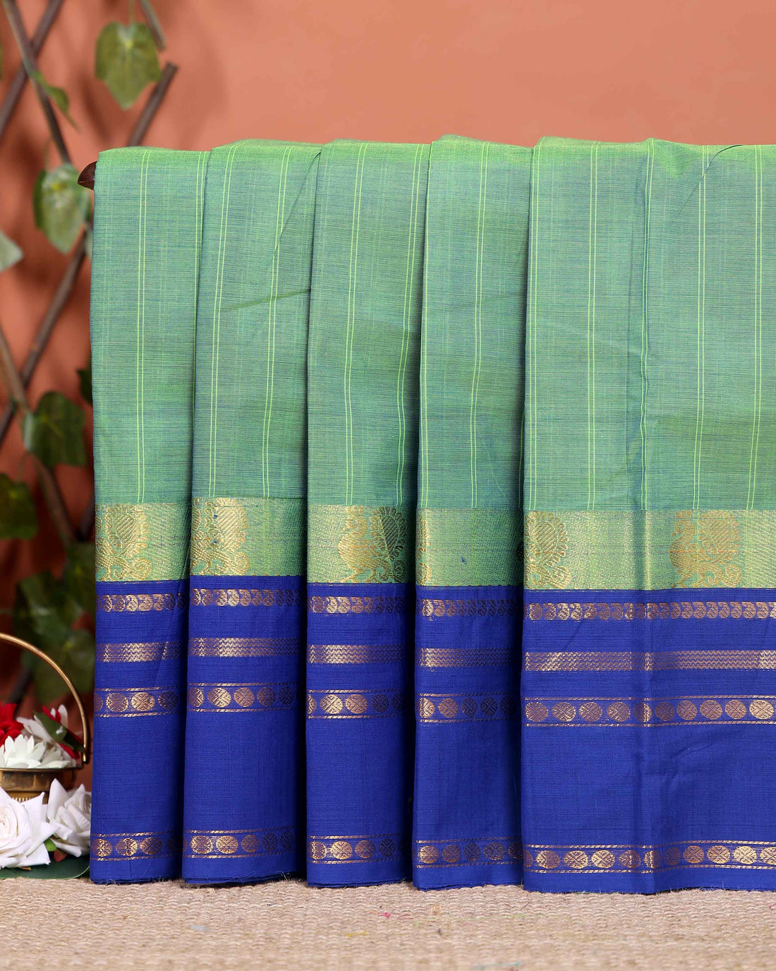 Traditional Chettinad Cotton Saree with Traditional Zari Border - Green