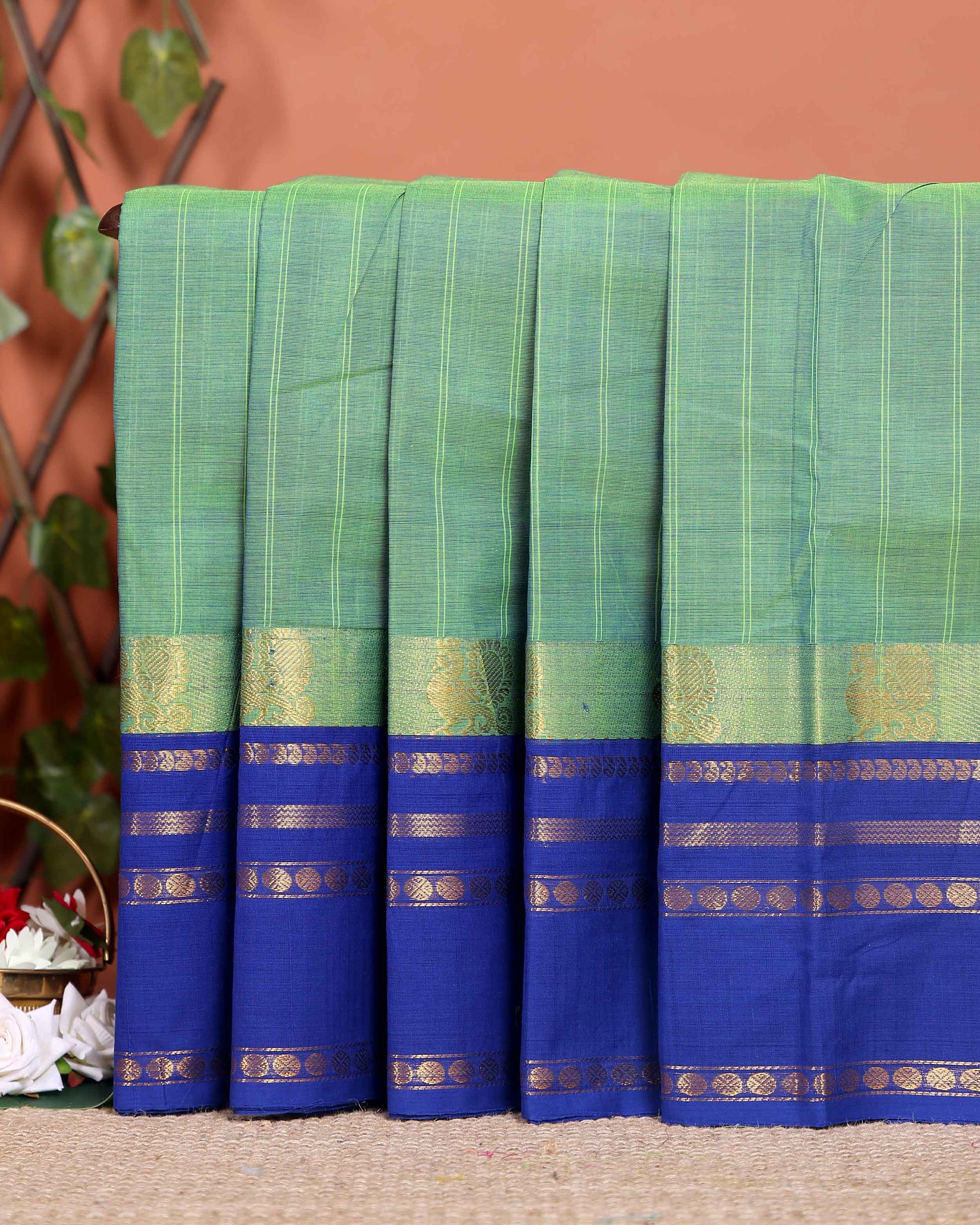 Traditional Chettinad Cotton Saree with Traditional Zari Border - Green
