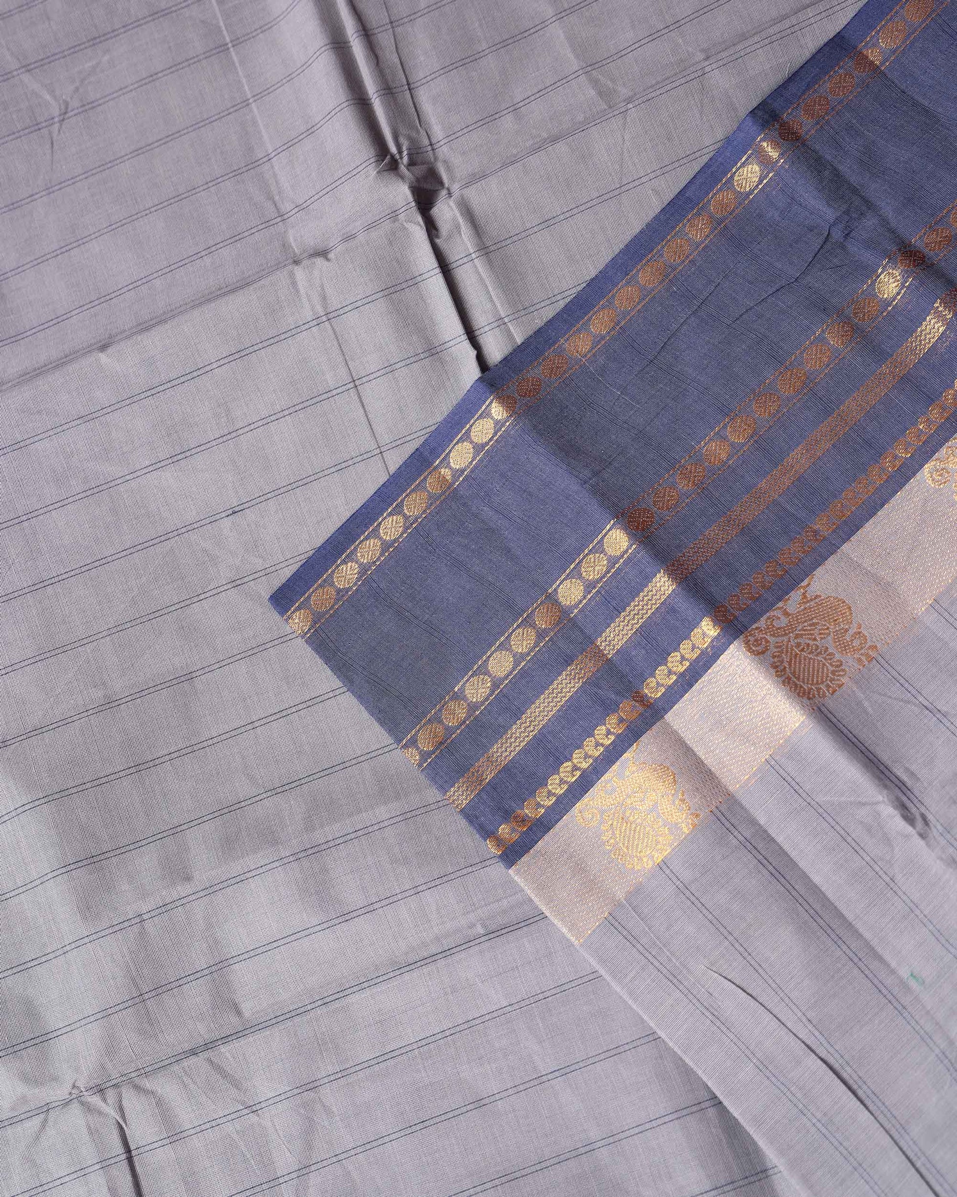 Traditional Chettinad Cotton Saree with Traditional Zari Border - Grey-close