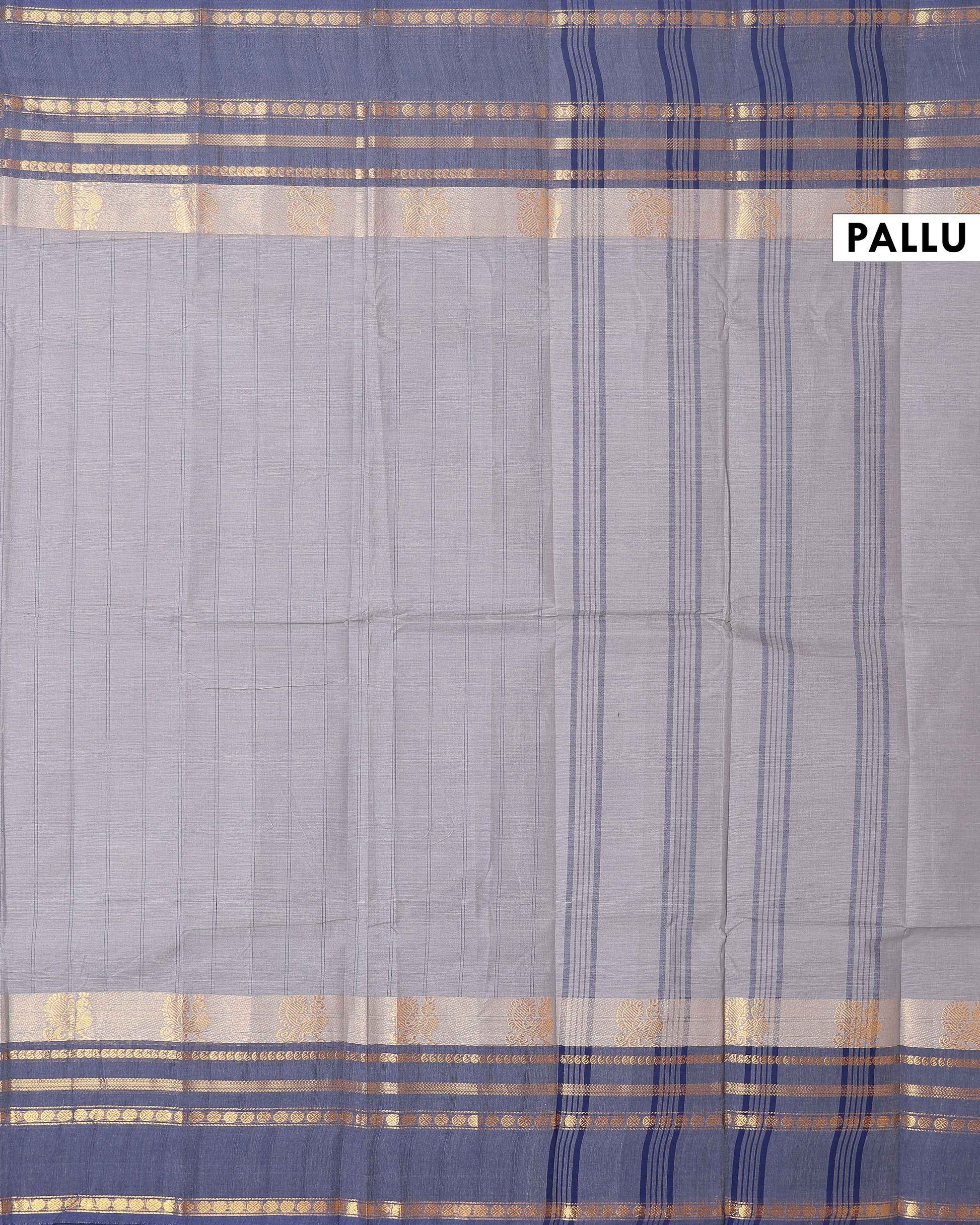 Traditional Chettinad Cotton Saree with Traditional Zari Border - Grey-pallu