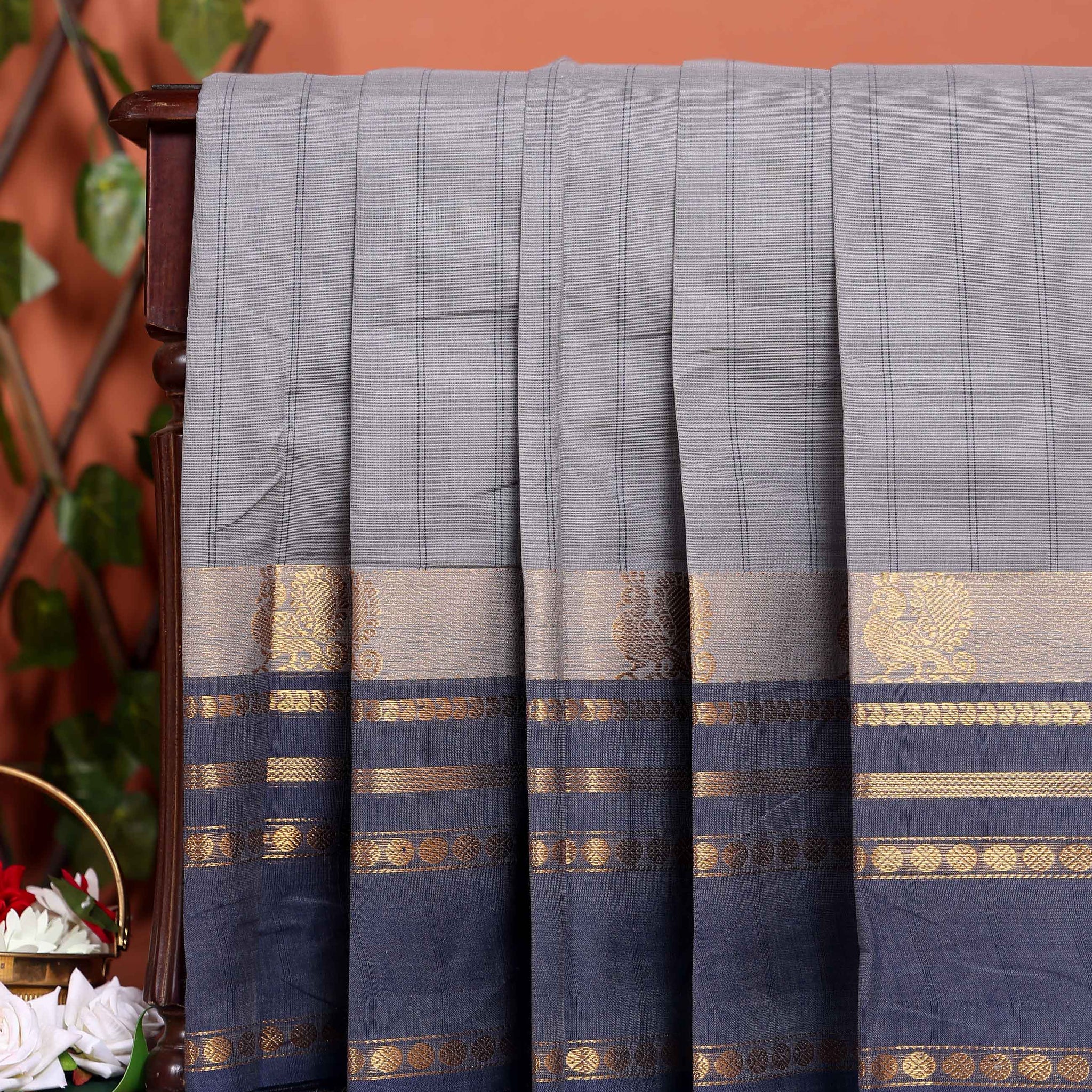 Traditional Chettinad Cotton Saree with Traditional Zari Border - Grey