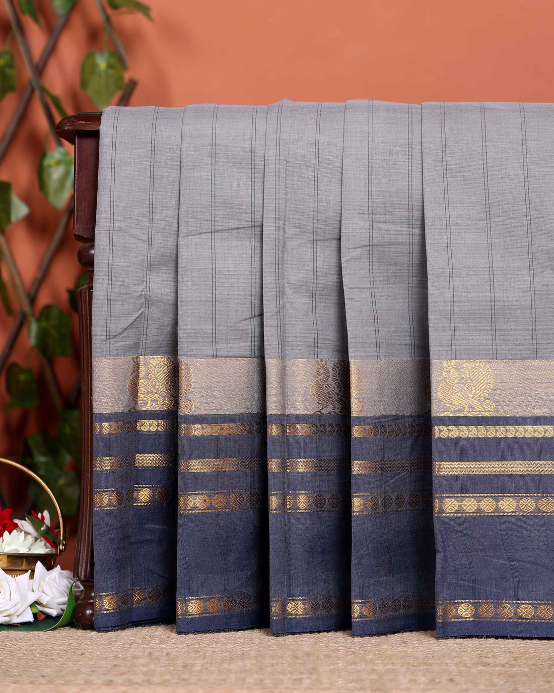 Traditional Chettinad Cotton Saree with Traditional Zari Border - Grey