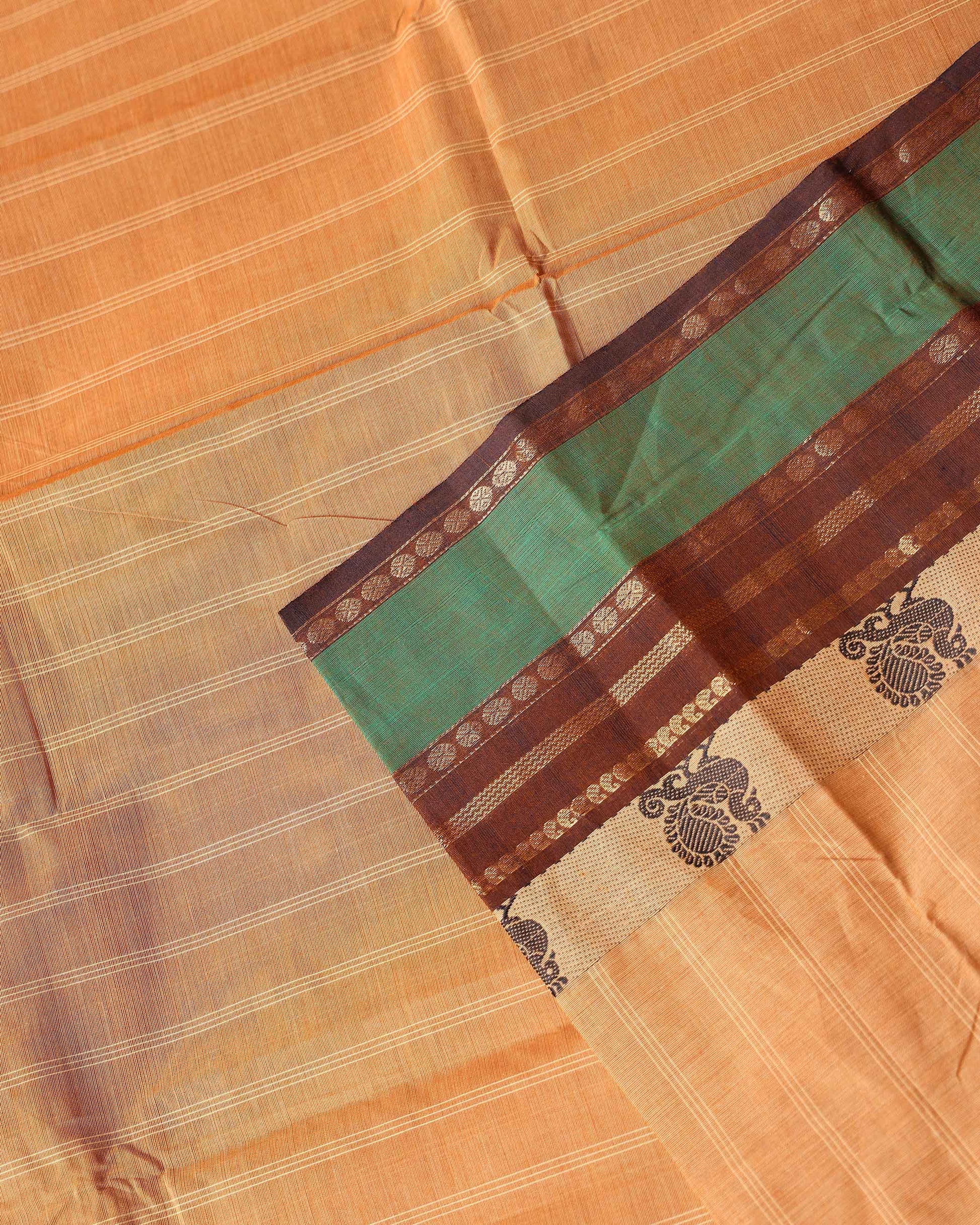 Traditional Chettinad Cotton Saree with Traditional Zari Border - Sandal-Close