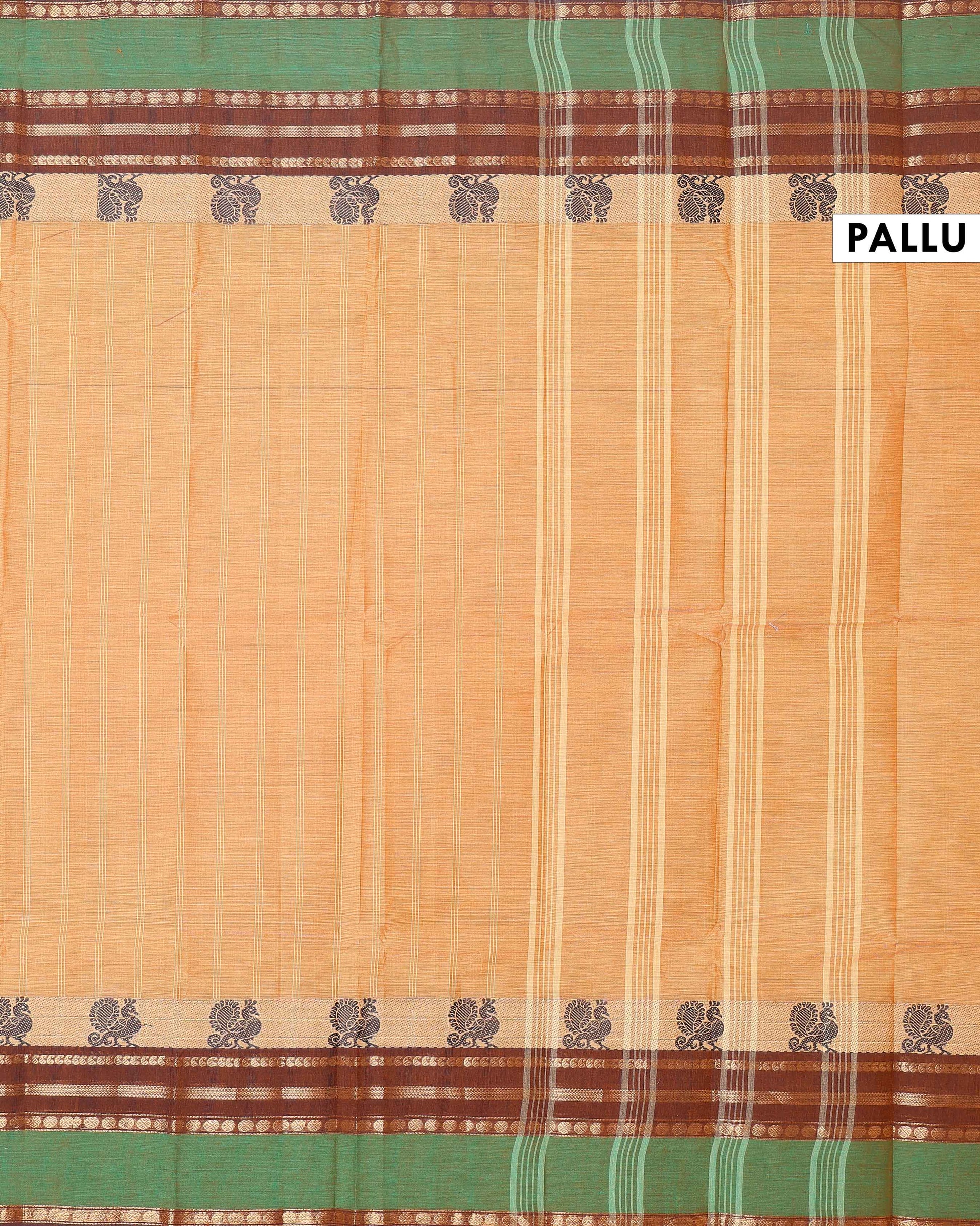 Traditional Chettinad Cotton Saree with Traditional Zari Border - Sandal-pallu