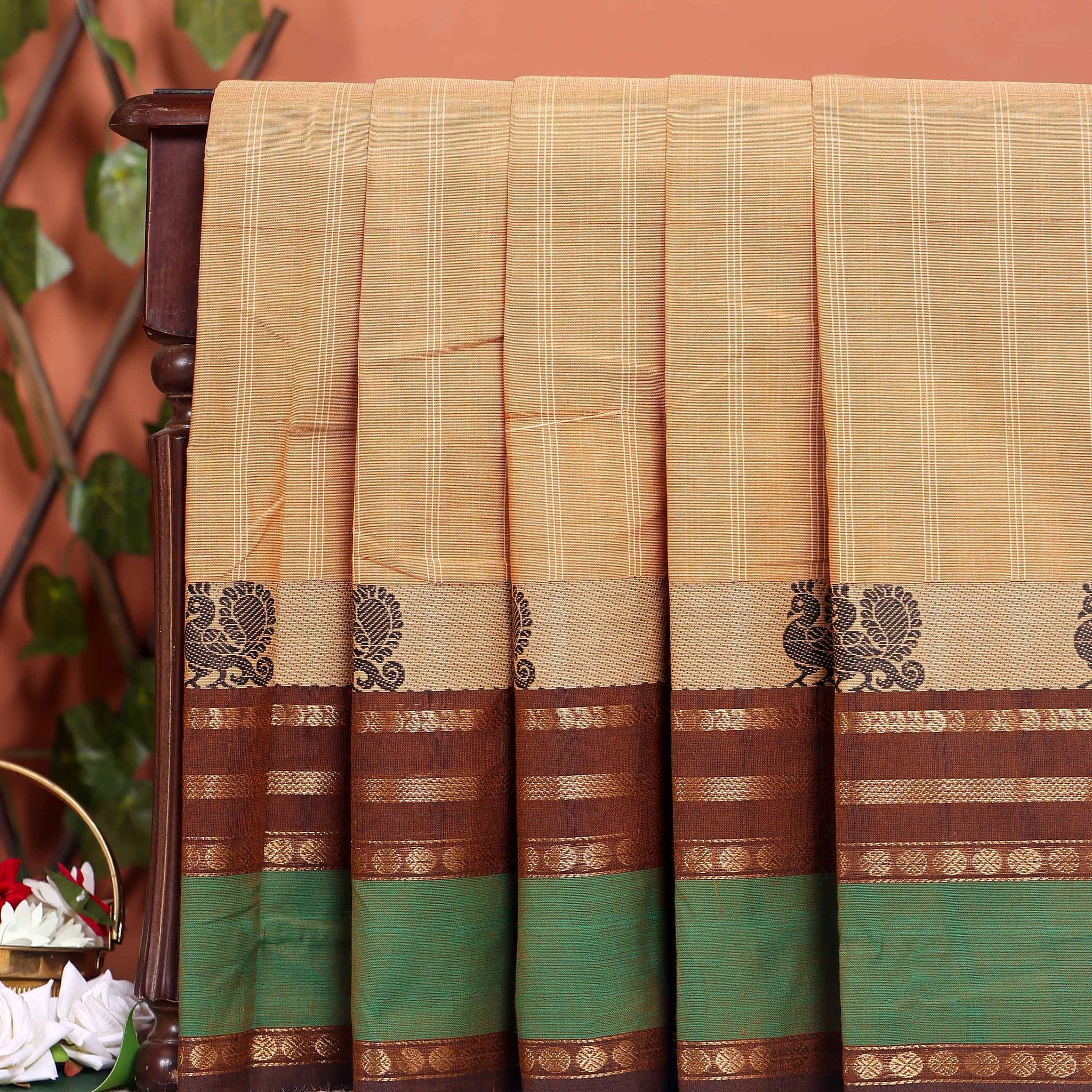 Traditional Chettinad Cotton Saree with Traditional Zari Border - Sandal