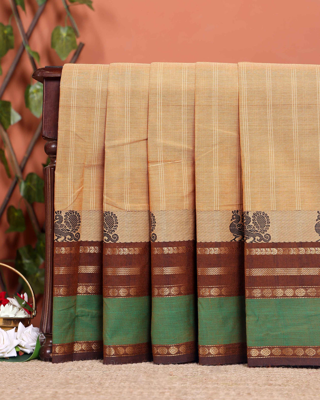 Traditional Chettinad Cotton Saree with Traditional Zari Border - Sandal