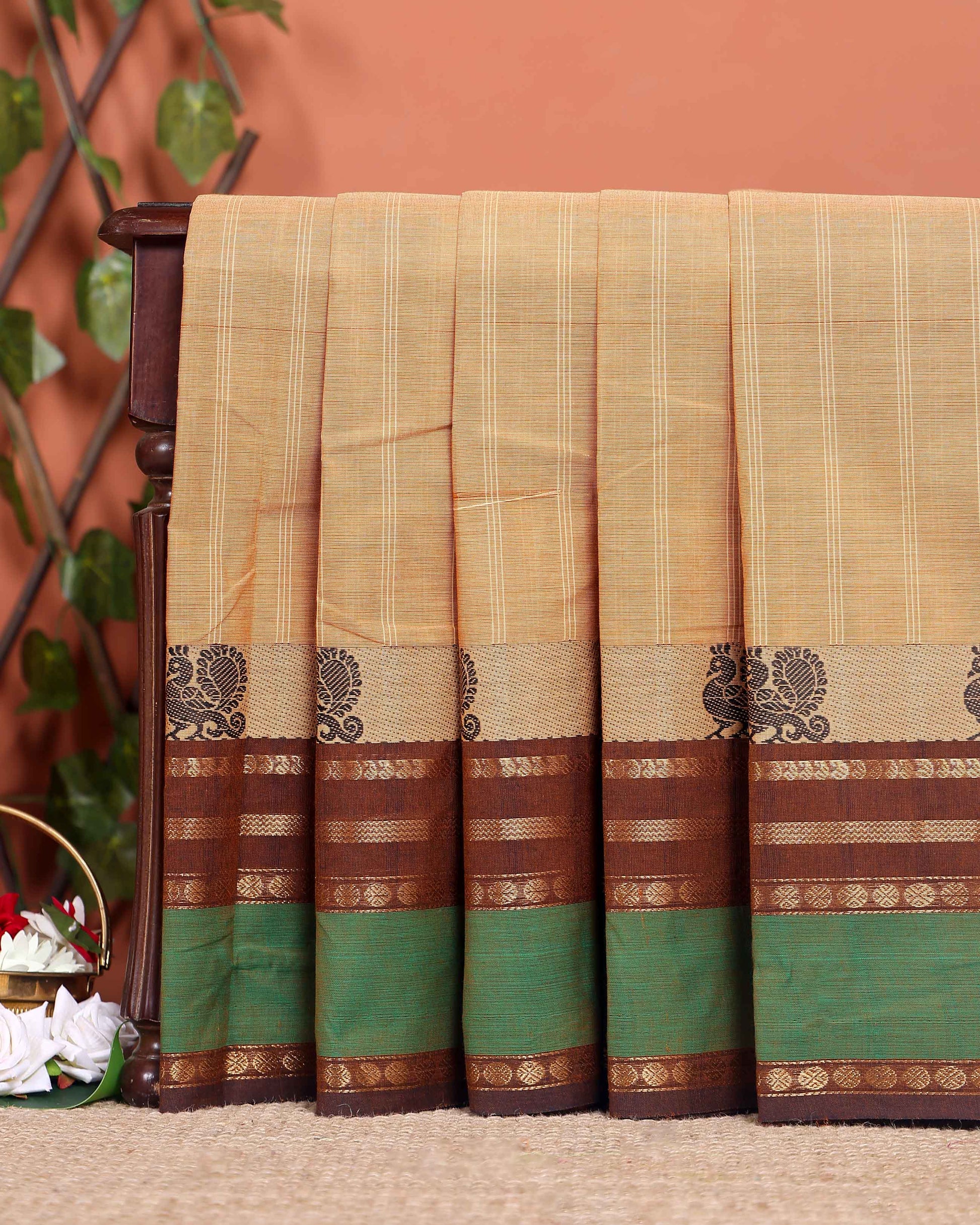 Traditional Chettinad Cotton Saree with Traditional Zari Border - Sandal