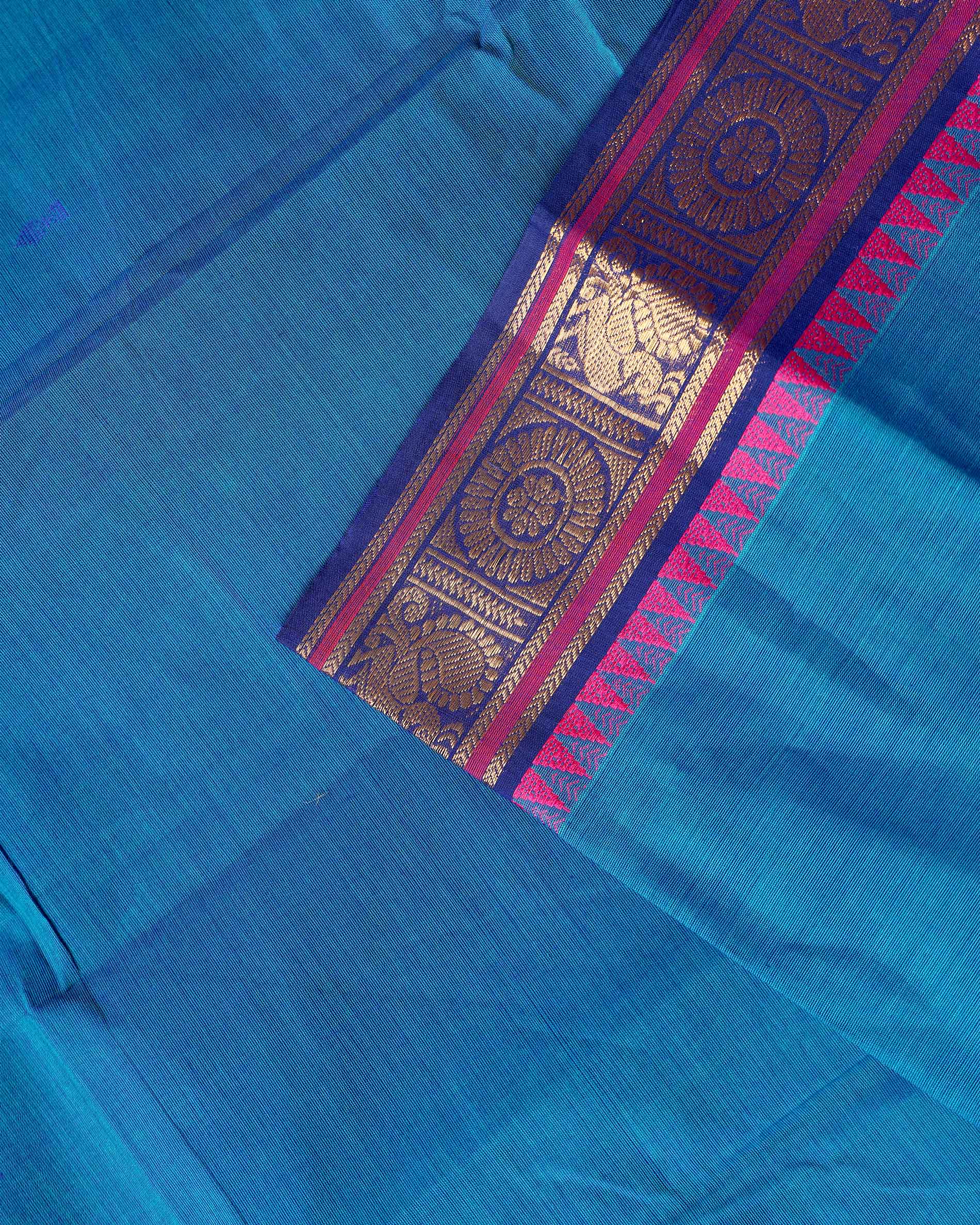 Traditional Chettinad Cotton Saree with Traditional Zari Border and Peacock Motifs - Blue