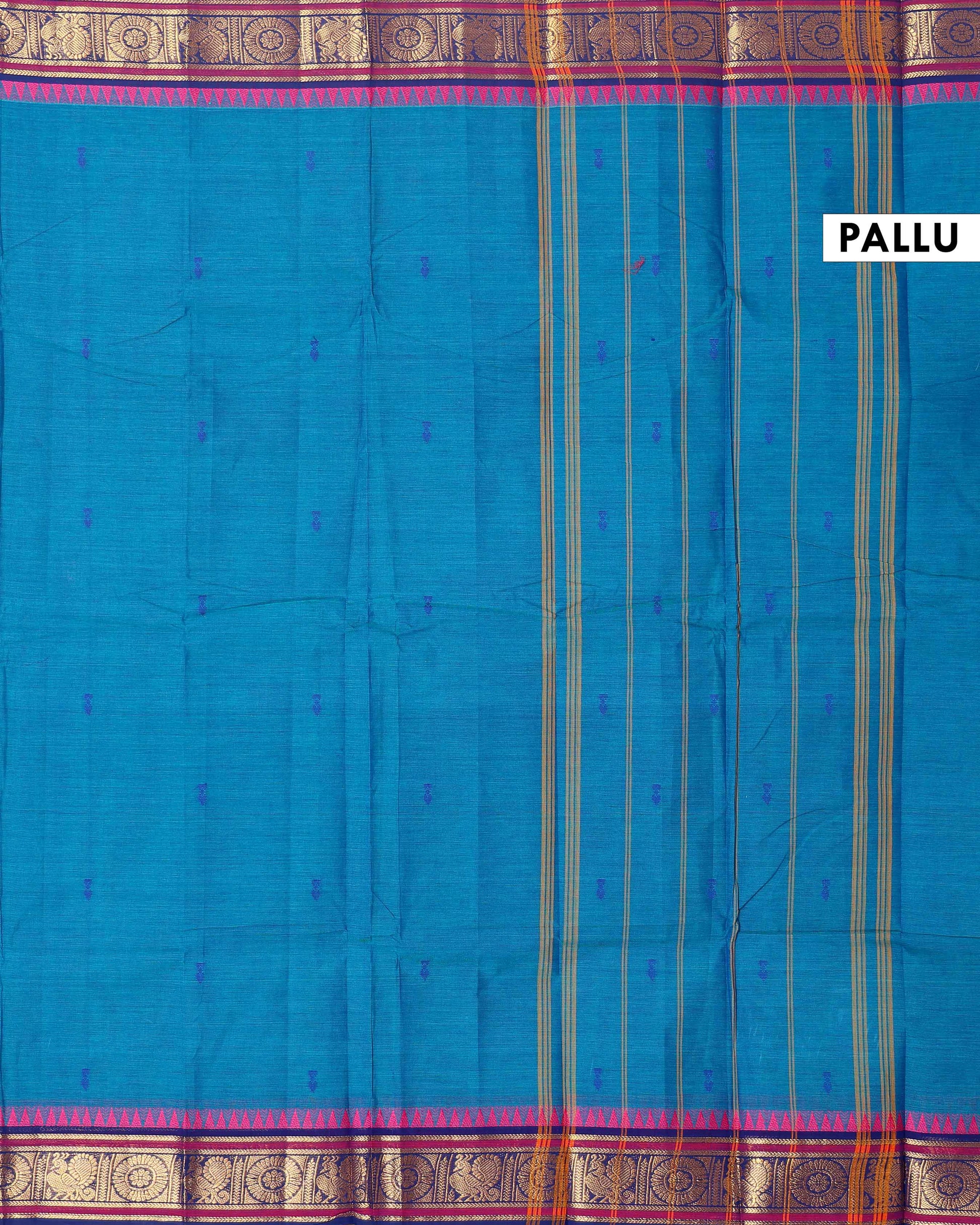 Traditional Chettinad Cotton Saree with Traditional Zari Border and Peacock Motifs - Blue