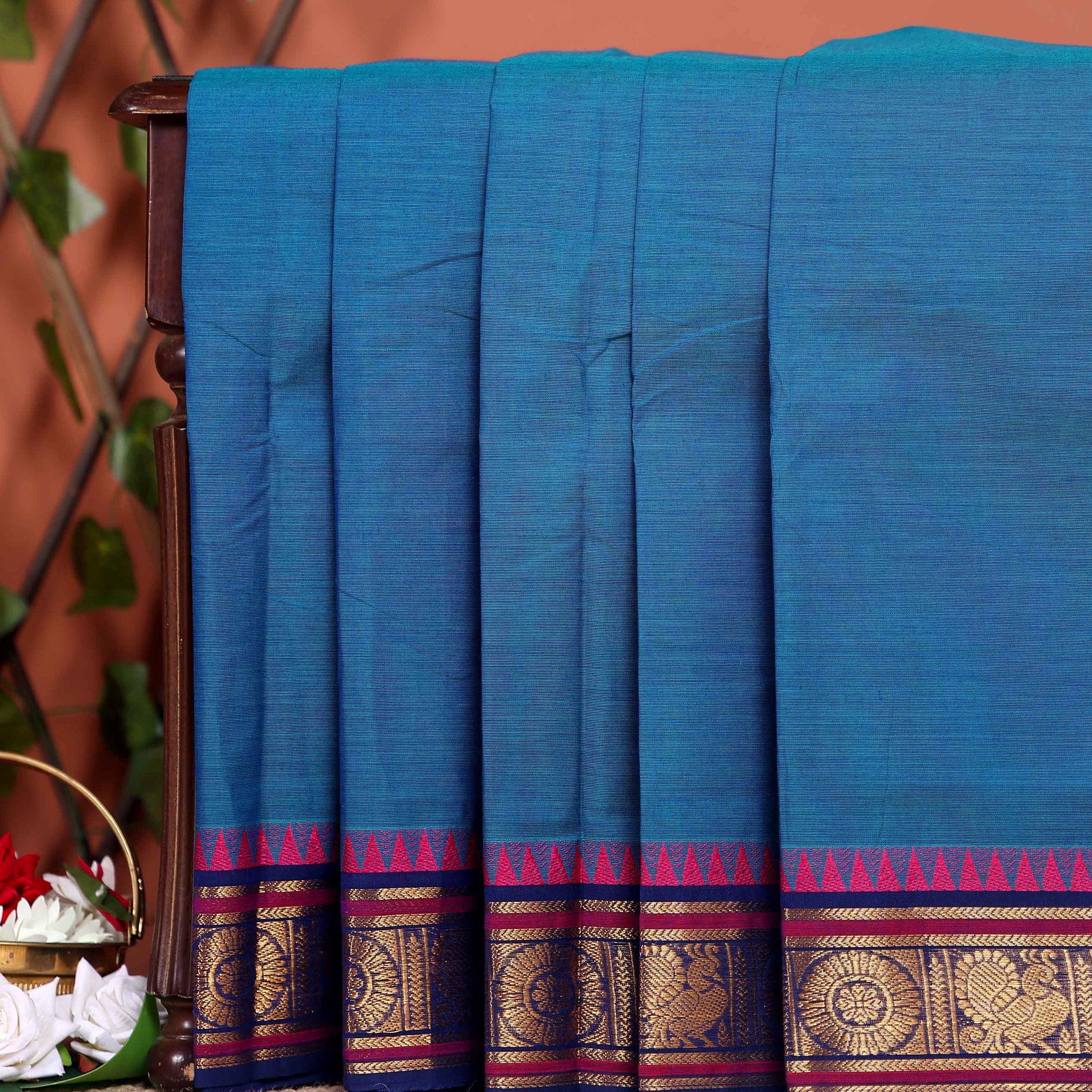 Traditional Chettinad Cotton Saree with Traditional Zari Border and Peacock Motifs - Blue