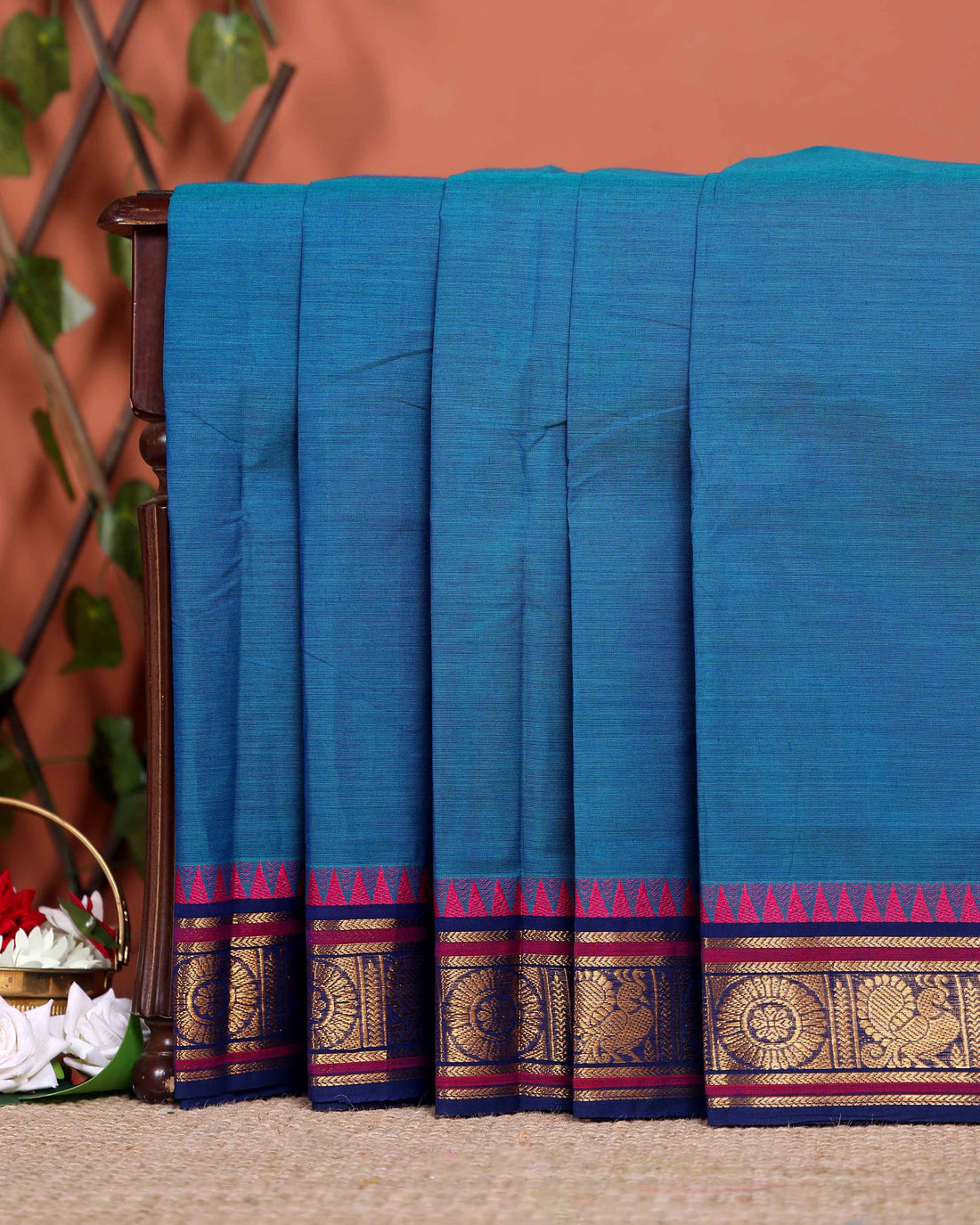 Traditional Chettinad Cotton Saree with Traditional Zari Border and Peacock Motifs - Blue