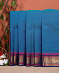 Traditional Chettinad Cotton Saree with Traditional Zari Border and Peacock Motifs - Blue