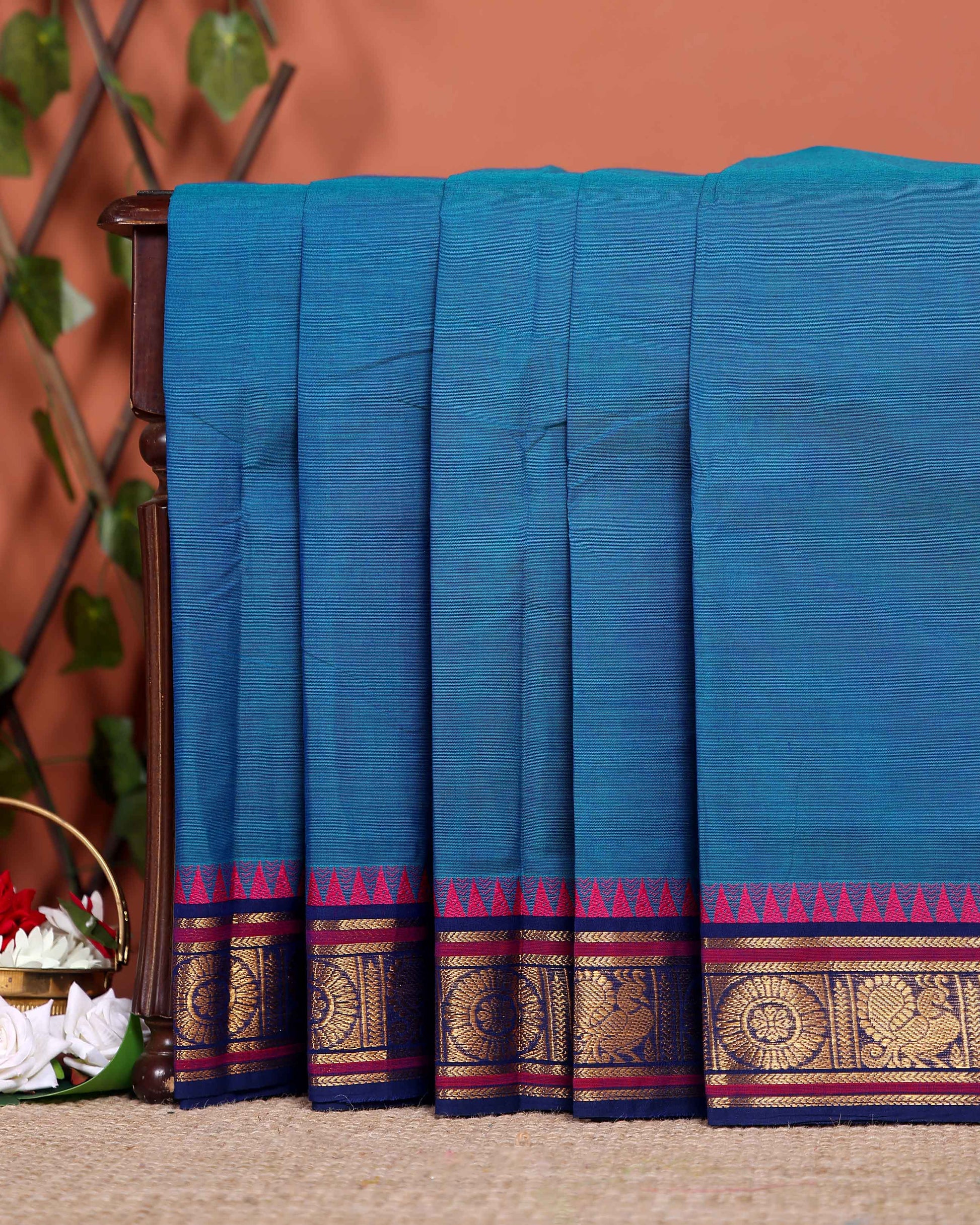 Traditional Chettinad Cotton Saree with Traditional Zari Border and Peacock Motifs - Blue