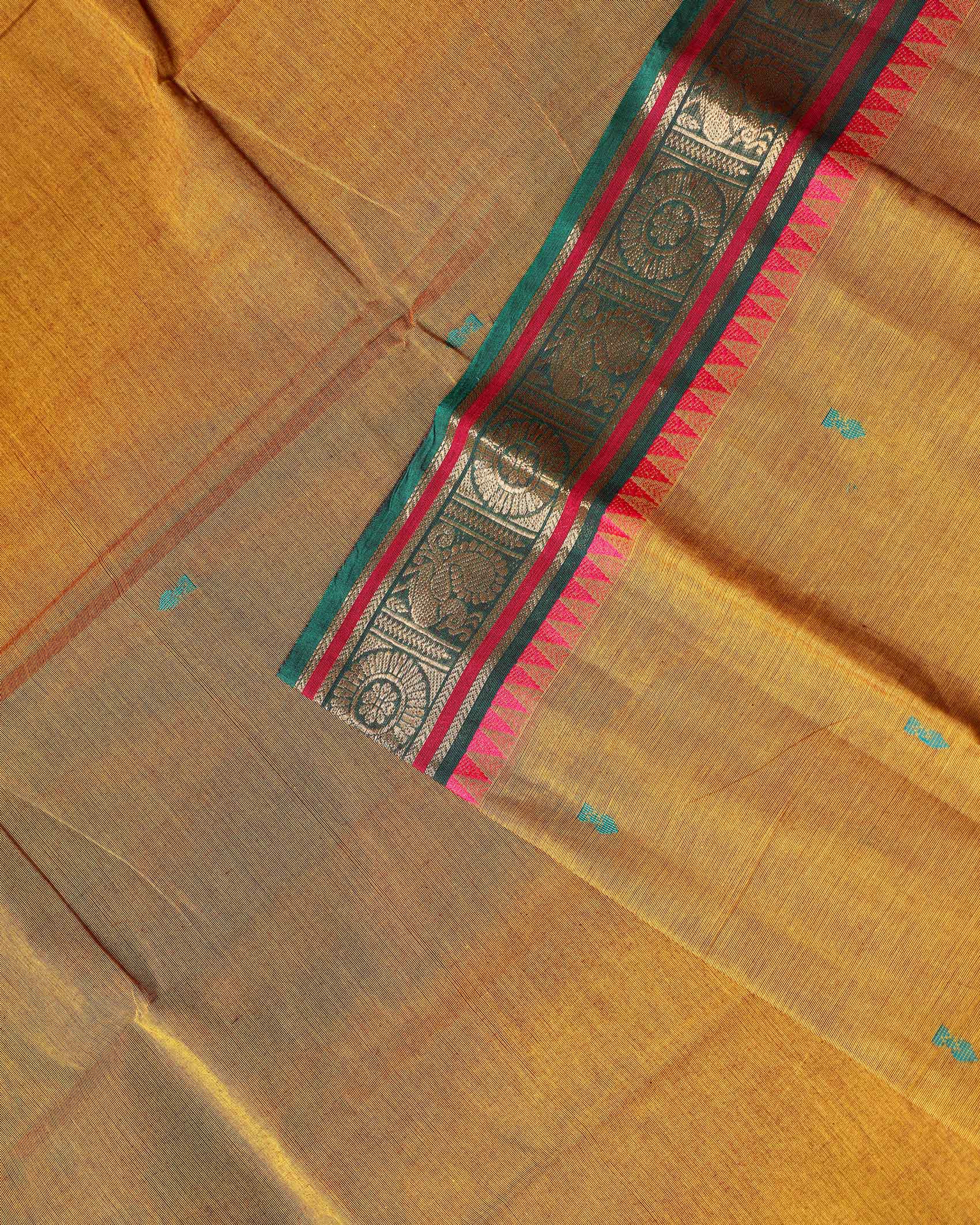 Traditional Chettinad Cotton Saree with Traditional Zari Border and Peacock Motifs - Olive Green