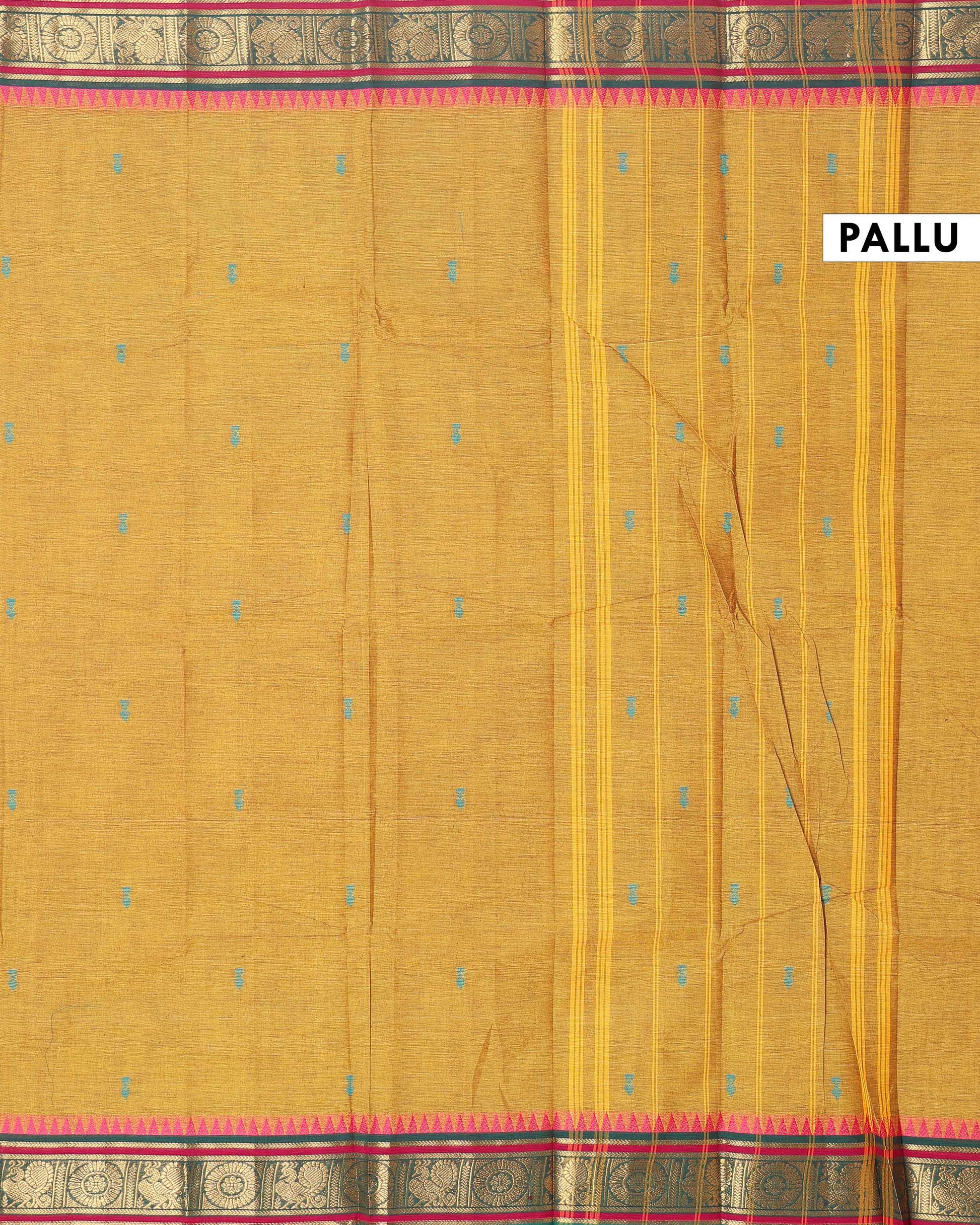 Traditional Chettinad Cotton Saree with Traditional Zari Border and Peacock Motifs - Olive Green