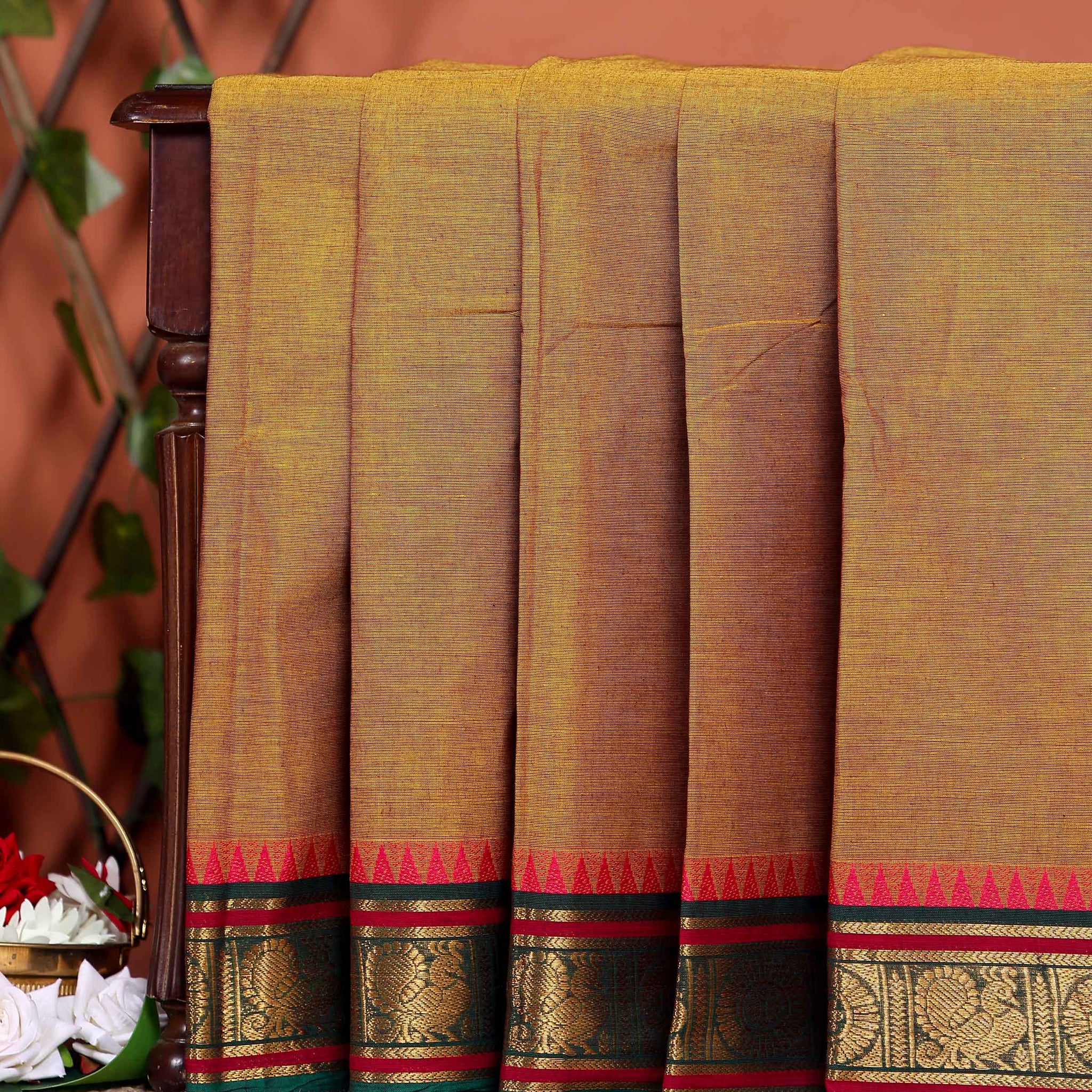 Traditional Chettinad Cotton Saree with Traditional Zari Border and Peacock Motifs - Olive Green