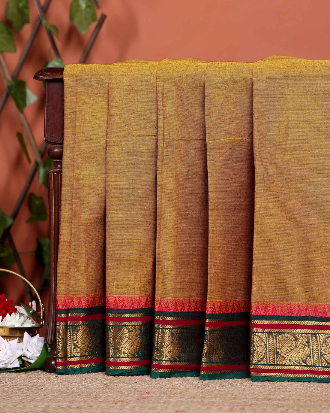 Traditional Chettinad Cotton Saree with Traditional Zari Border and Peacock Motifs - Olive Green