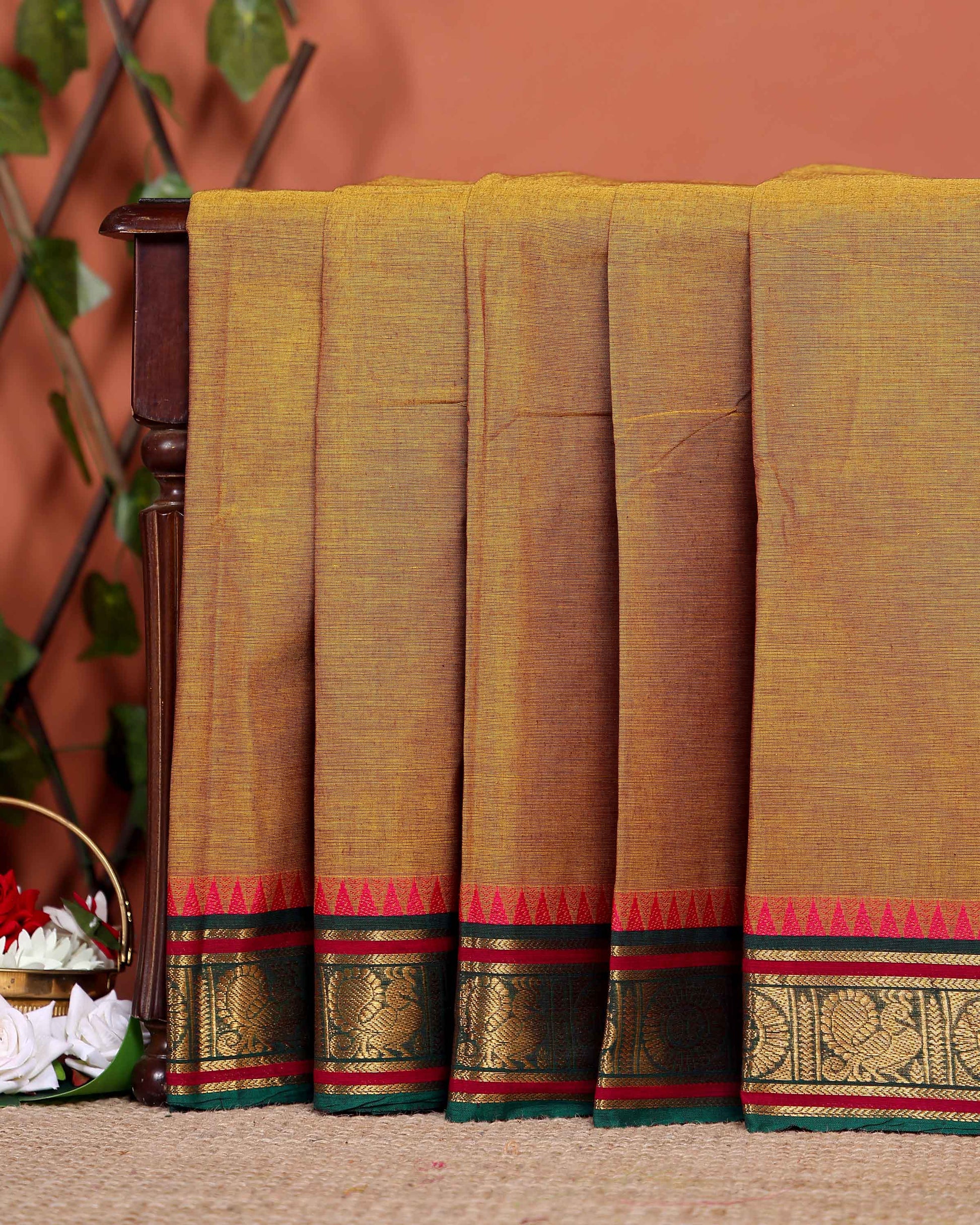 Traditional Chettinad Cotton Saree with Traditional Zari Border and Peacock Motifs - Olive Green