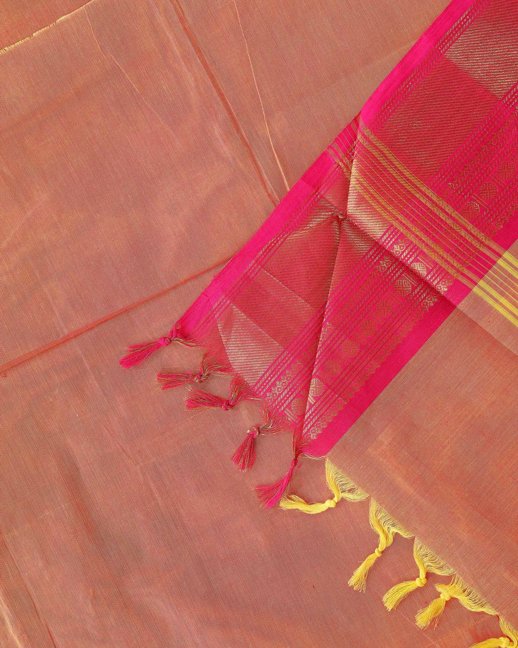 Traditional Chettinad Cotton Saree with Traditional Zari Woven Border Plain Body Weave - Orange