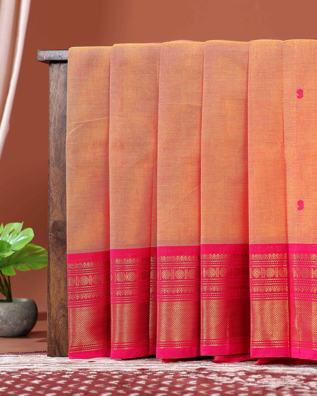 Traditional Chettinad Cotton Saree with Traditional Zari Woven Border Plain Body Weave - Orange