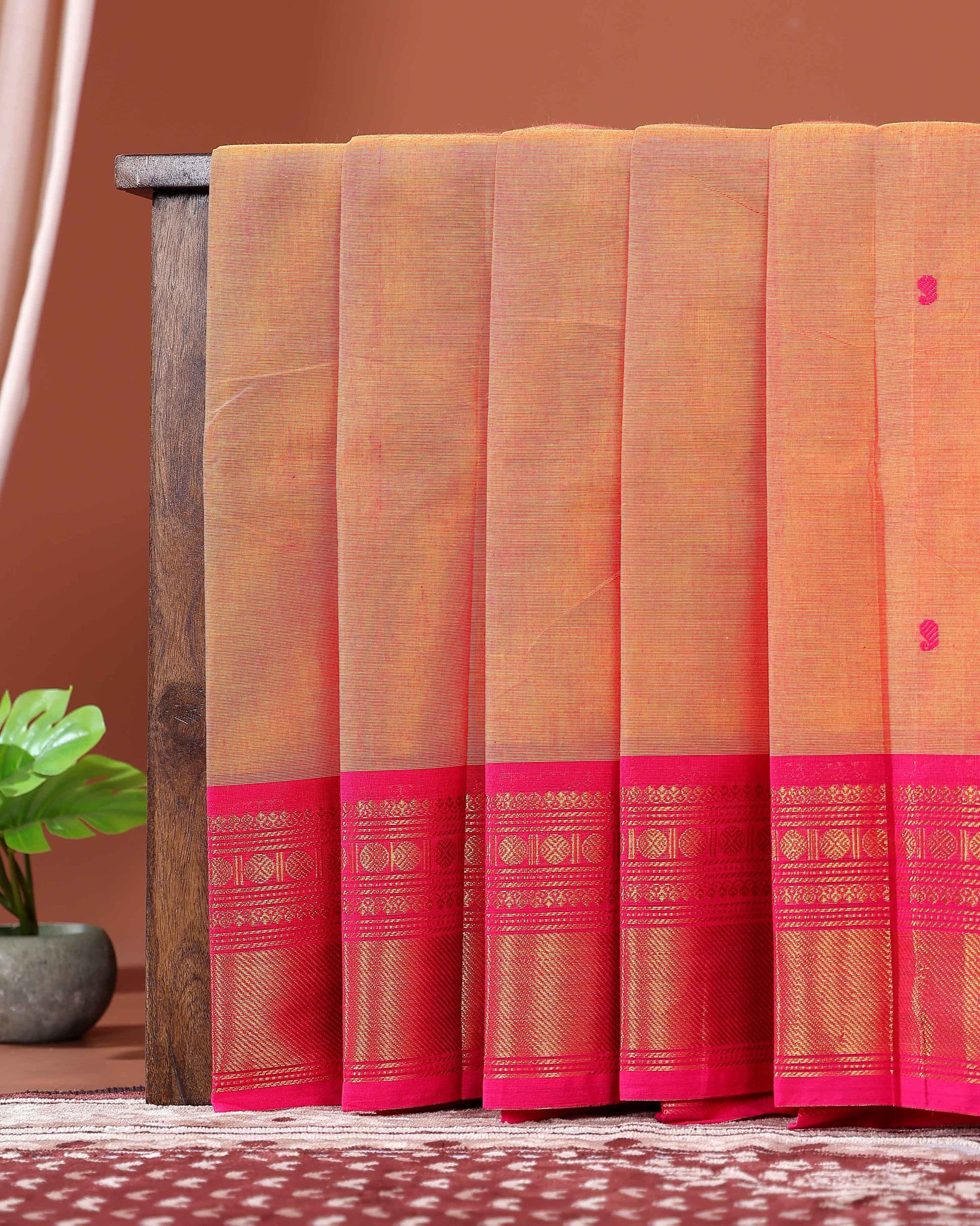 Traditional Chettinad Cotton Saree with Traditional Zari Woven Border Plain Body Weave - Orange