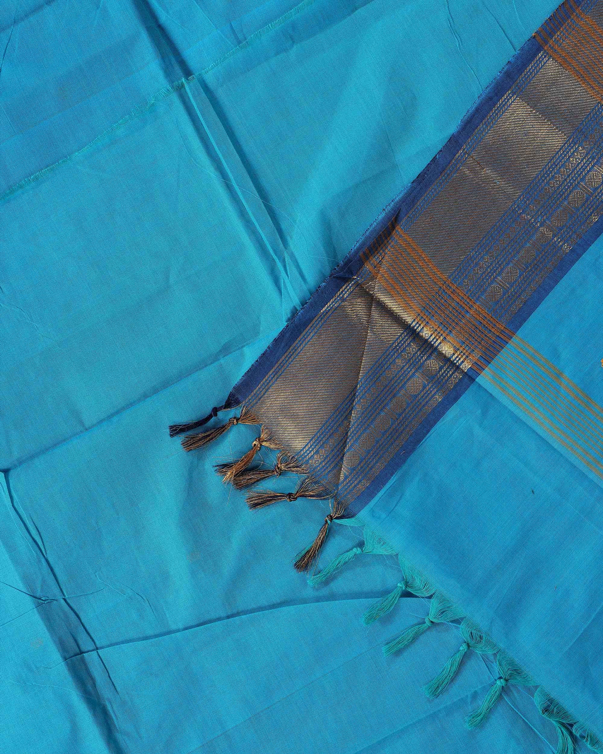 Traditional Chettinad Cotton Saree with Traditional Zari Woven Border Plain Body Weave - Sky Blue