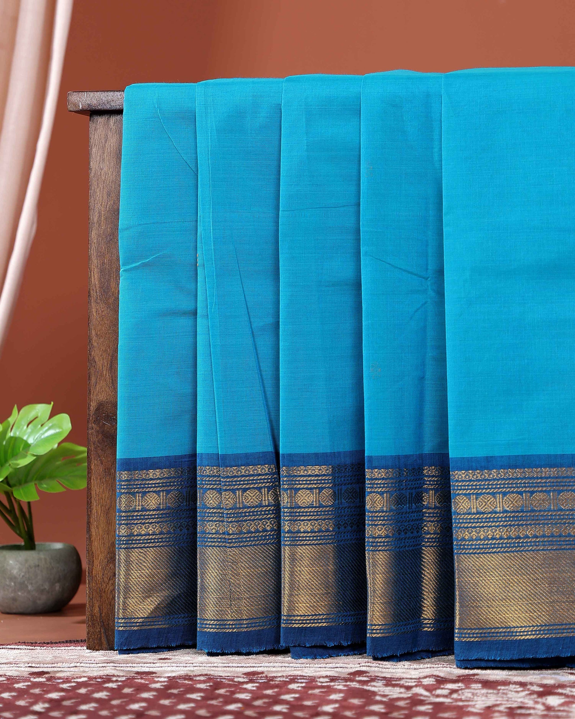 Traditional Chettinad Cotton Saree with Traditional Zari Woven Border Plain Body Weave - Sky Blue