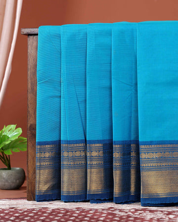 Traditional Chettinad Cotton Saree with Traditional Zari Woven Border Plain Body Weave - Sky Blue