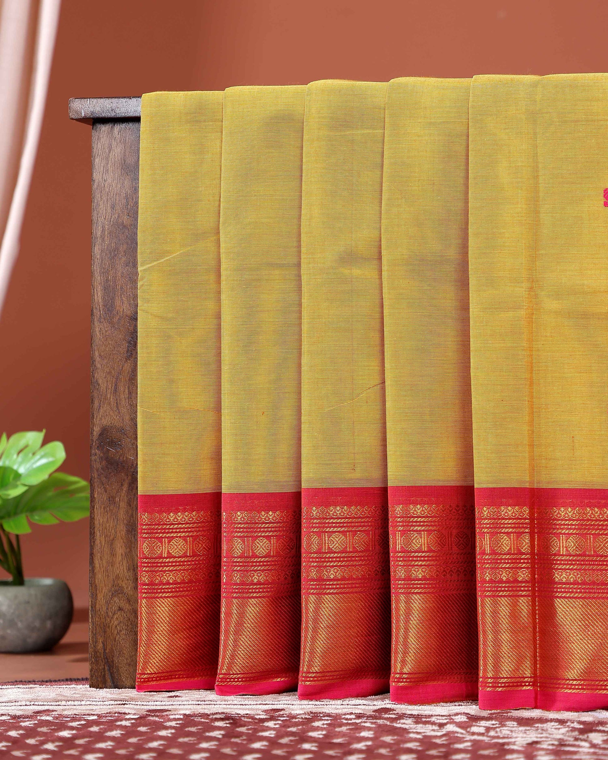 Traditional Chettinad Cotton Saree with Traditional Zari Woven Border Plain Body Weave - Yellow