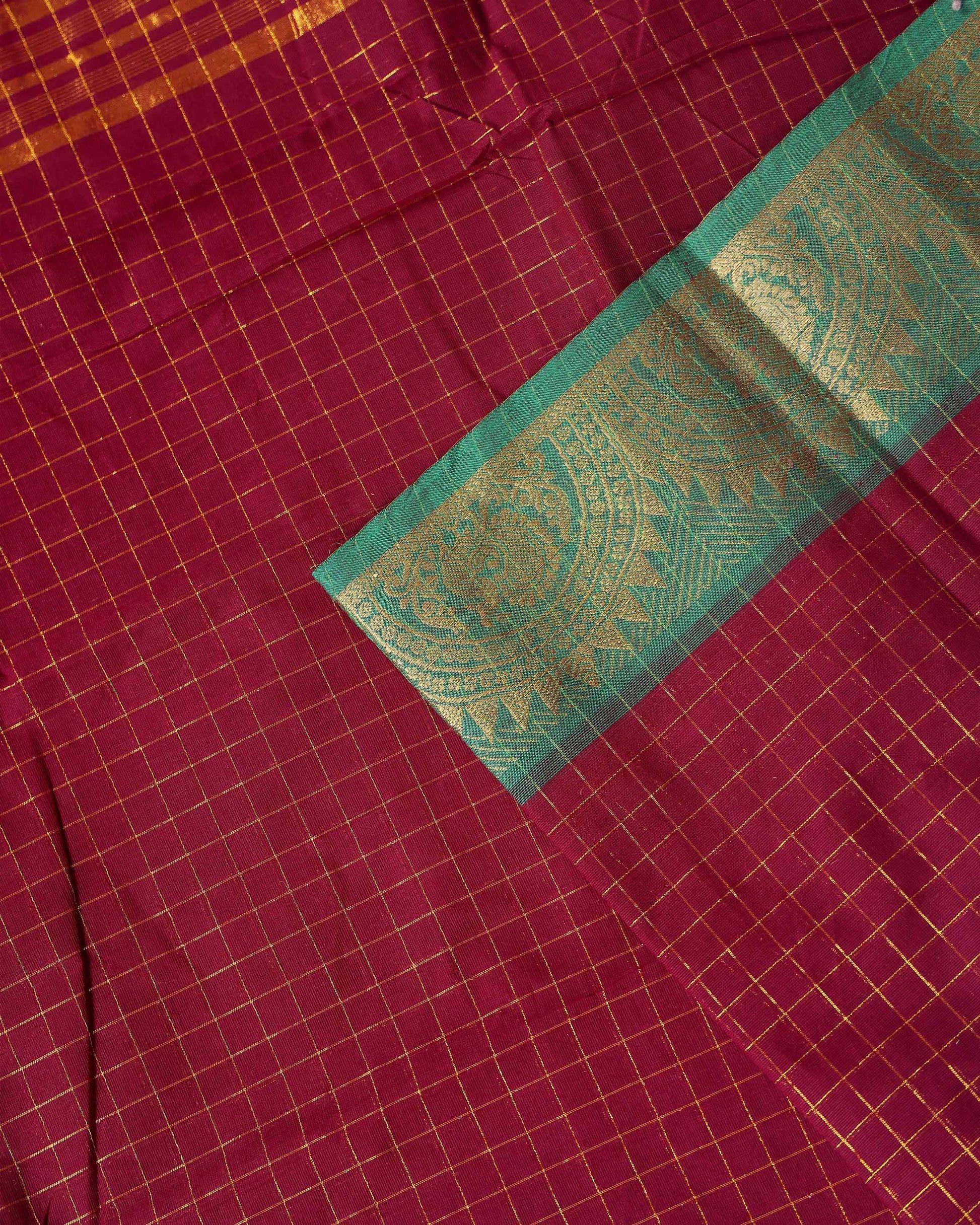 Traditional Chettinad Cotton Saree with Woven Checks and Peacock Motif - Dark Maroon-Close
