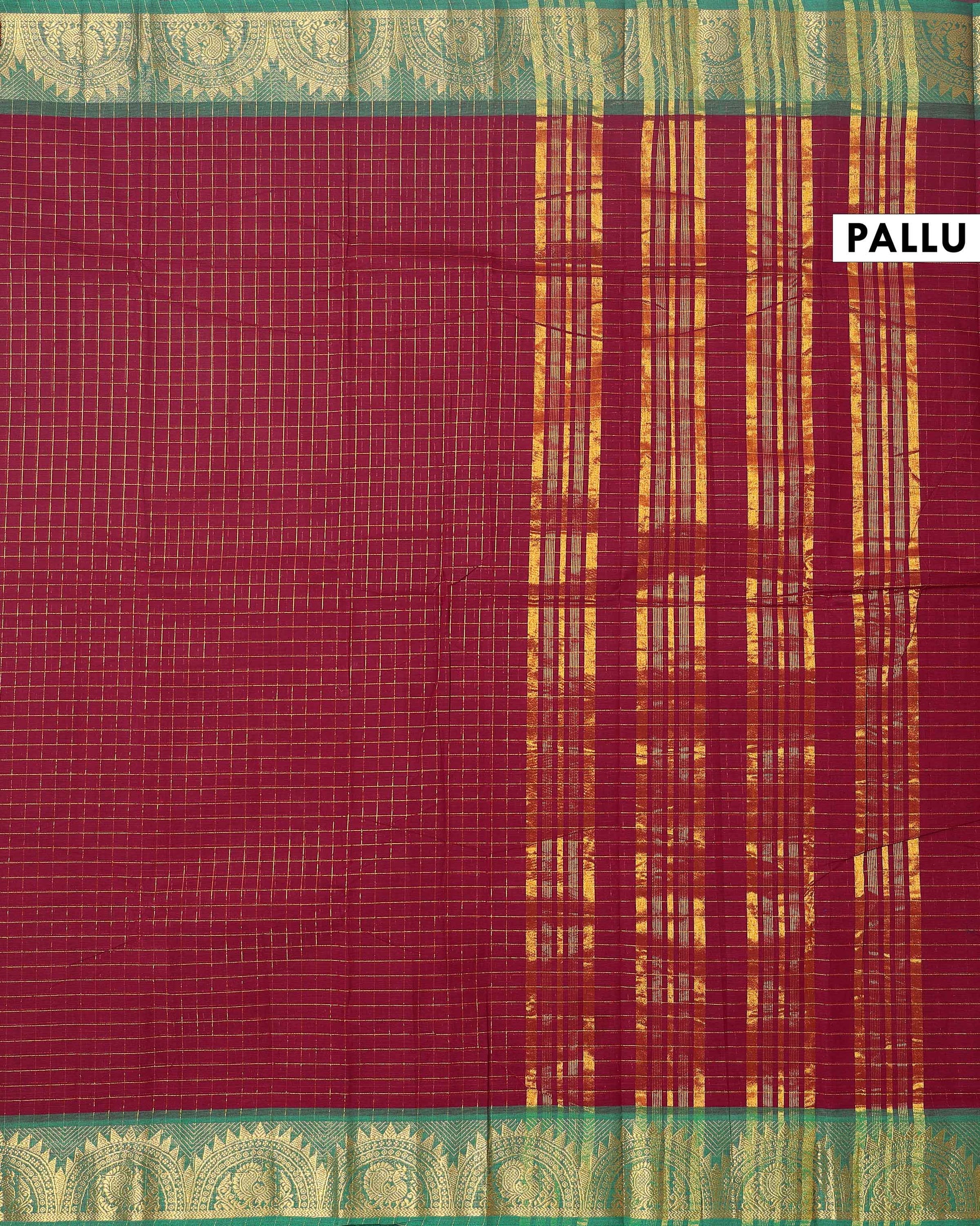 Traditional Chettinad Cotton Saree with Woven Checks and Peacock Motif - Dark Maroon-Pallu