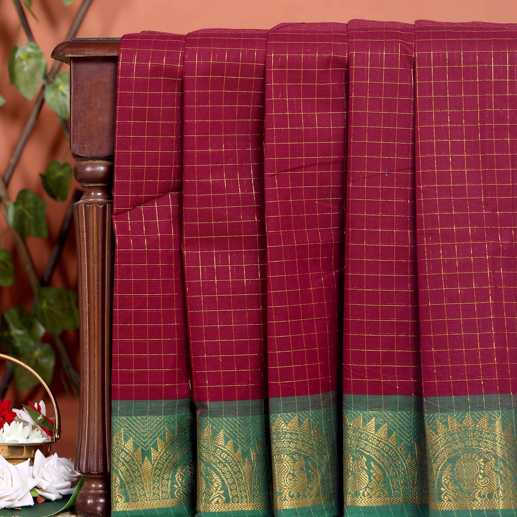 Traditional Chettinad Cotton Saree with Woven Checks and Peacock Motif - Dark Maroon