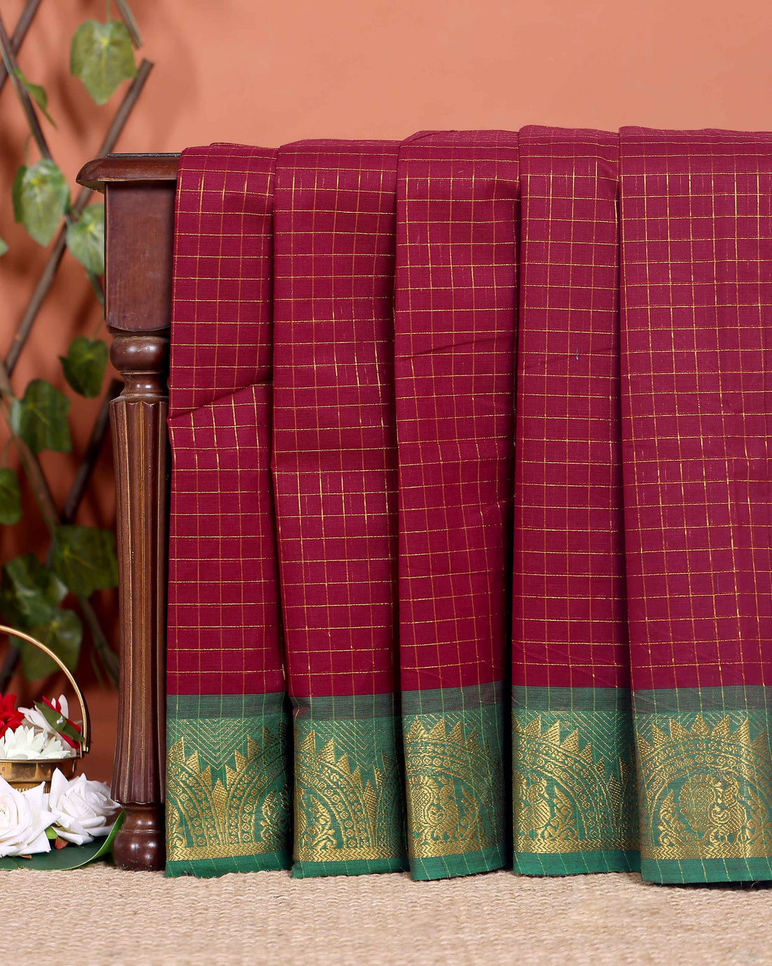 Traditional Chettinad Cotton Saree with Woven Checks and Peacock Motif - Dark Maroon