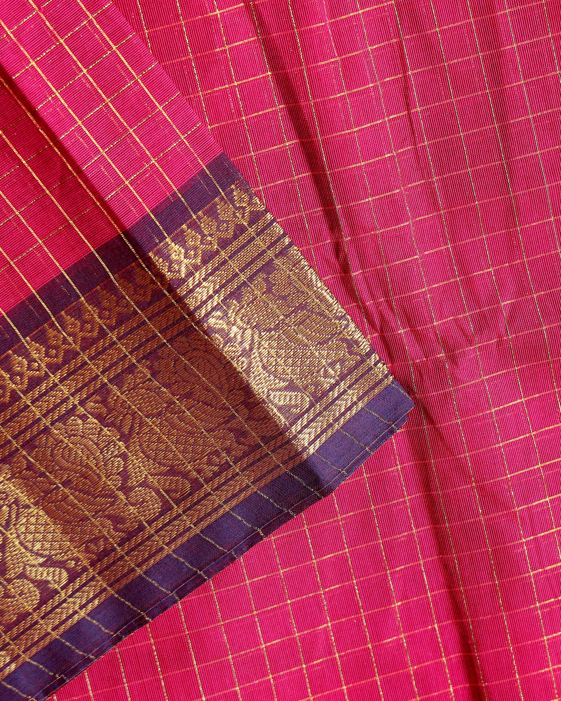 Traditional Chettinad Cotton Saree with Woven Checks and Peacock Motif - Maroon-Close