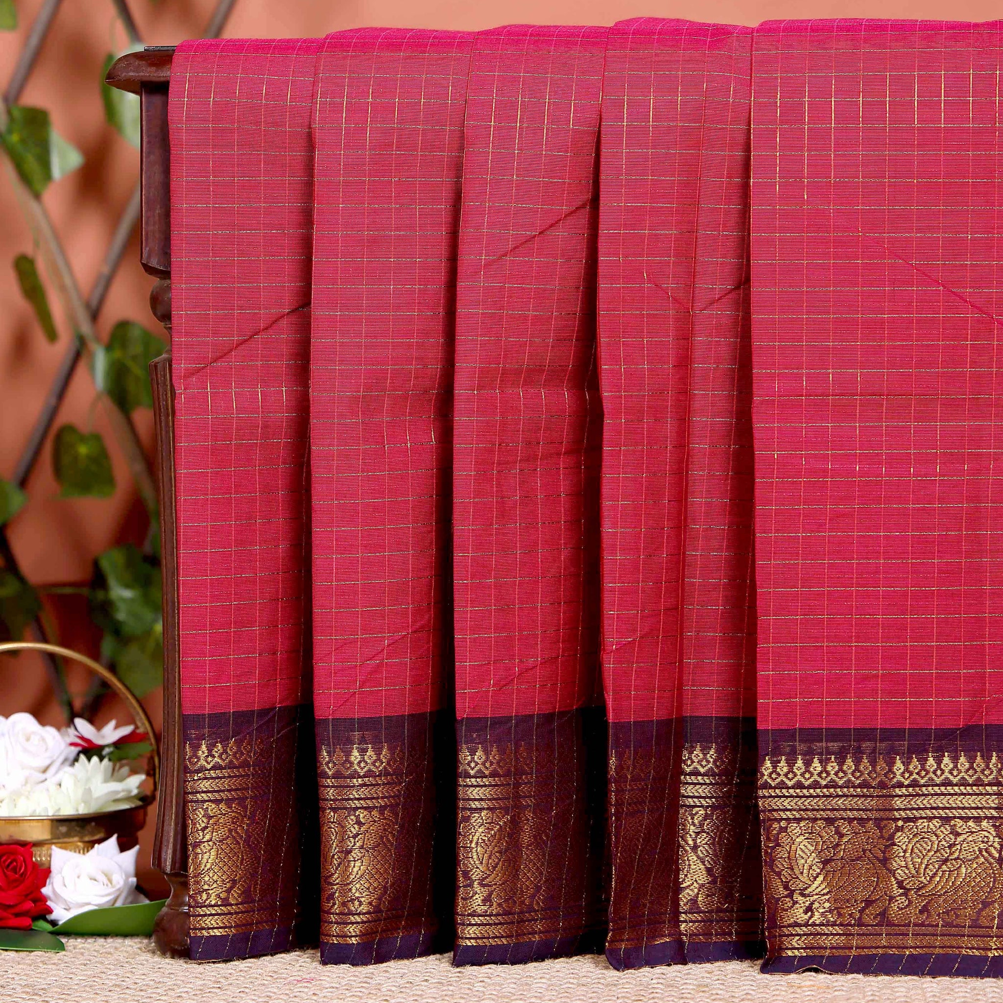 Traditional Chettinad Cotton Saree with Woven Checks and Peacock Motif - Maroon