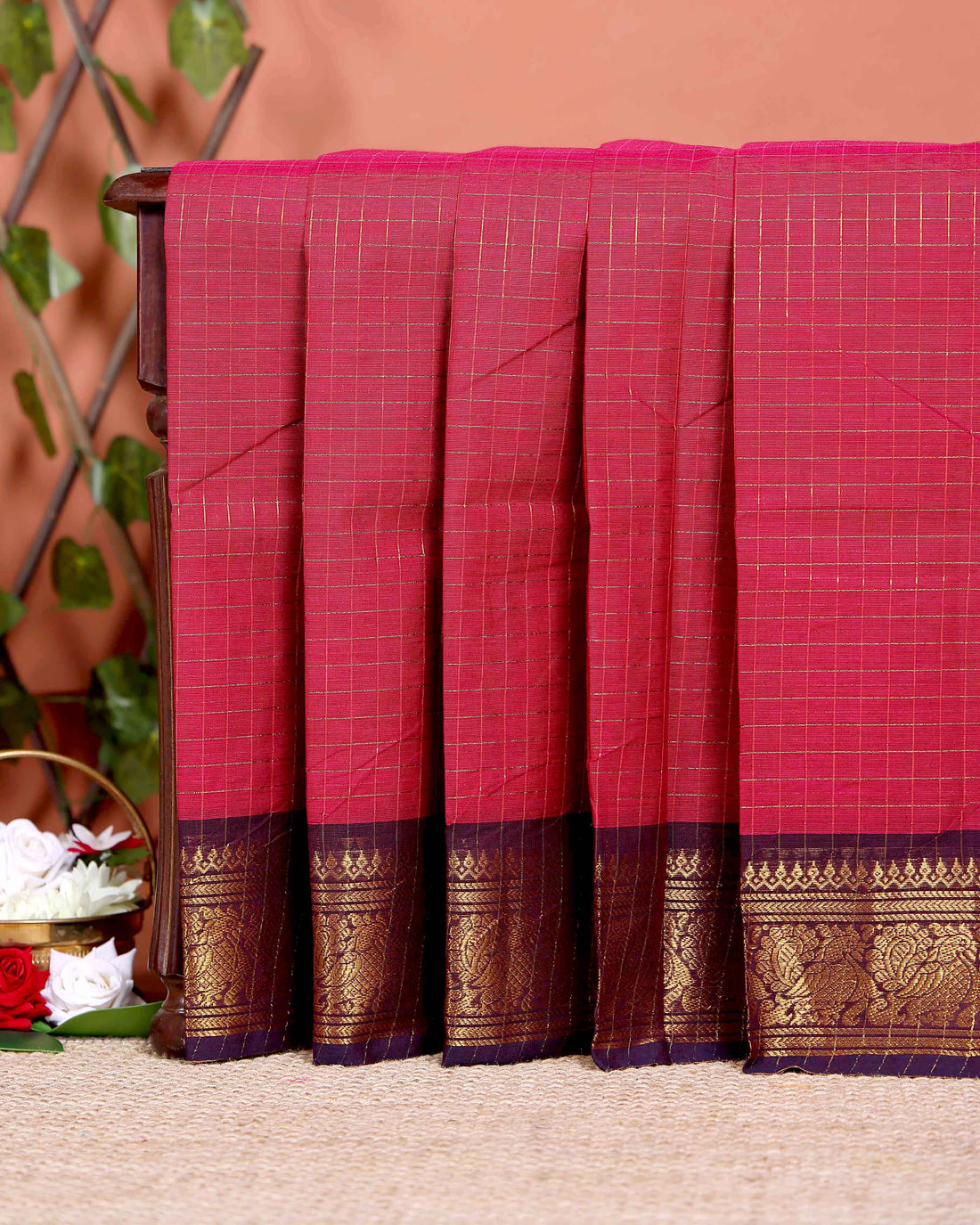 Traditional Chettinad Cotton Saree with Woven Checks and Peacock Motif - Maroon