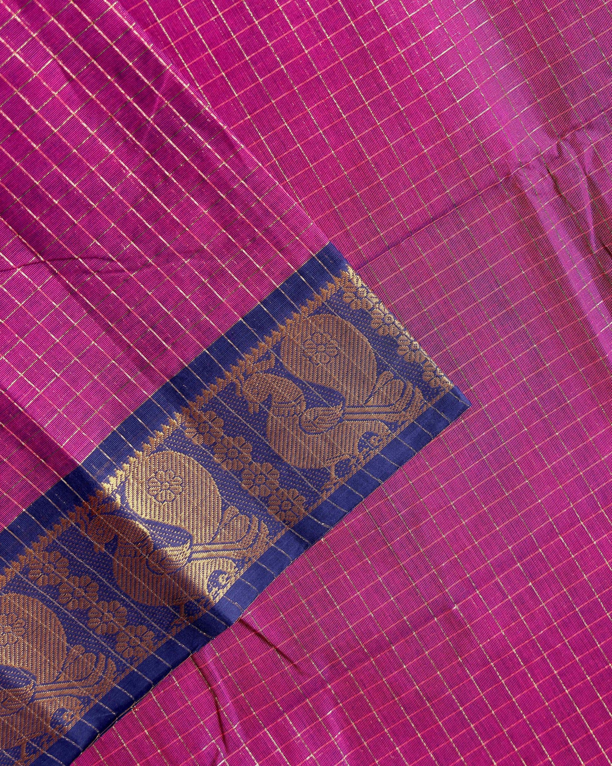 Traditional Chettinad Cotton Saree with Woven Checks and Peacock Motif - Purple-Close