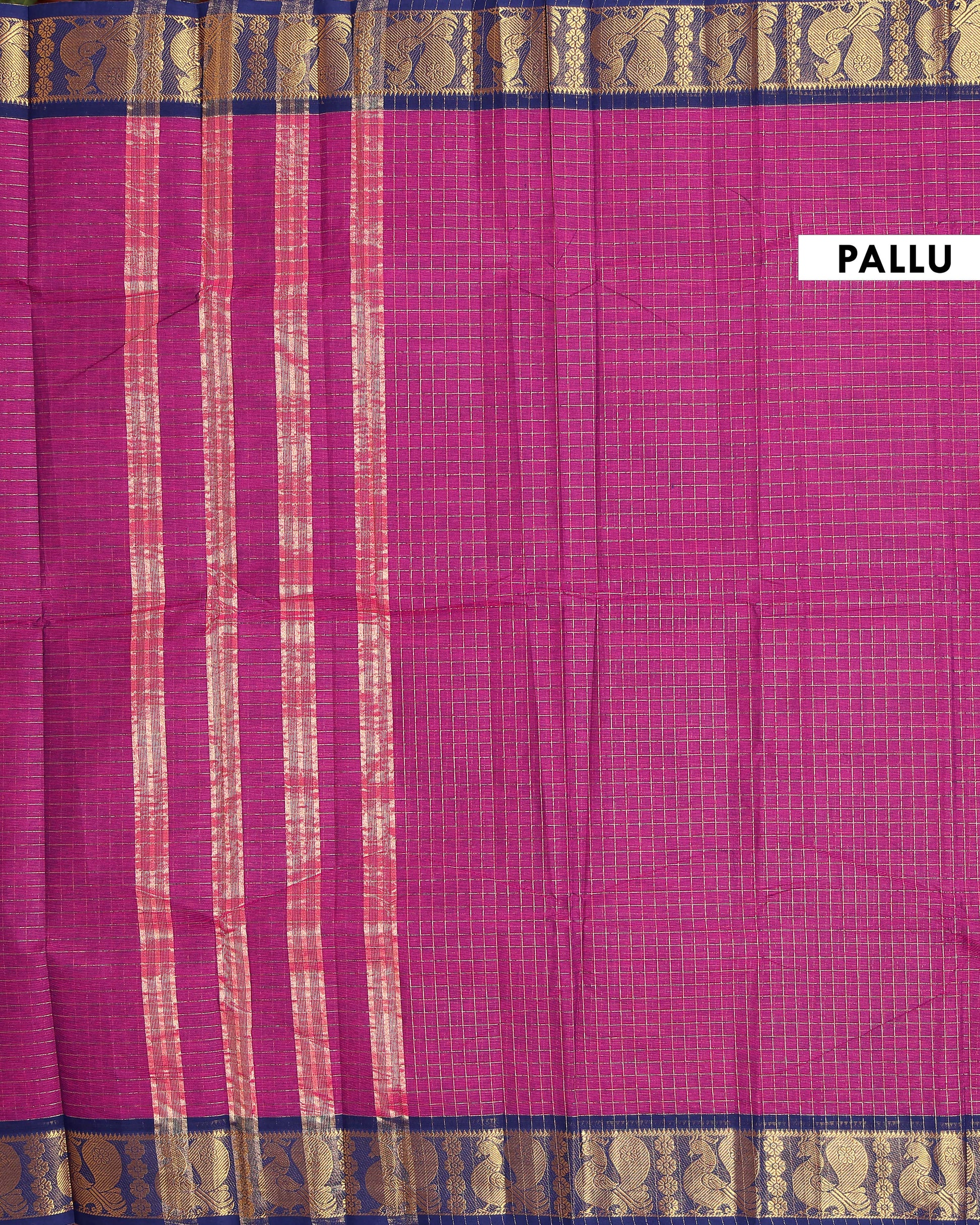 Traditional Chettinad Cotton Saree with Woven Checks and Peacock Motif - Purple-Pallu