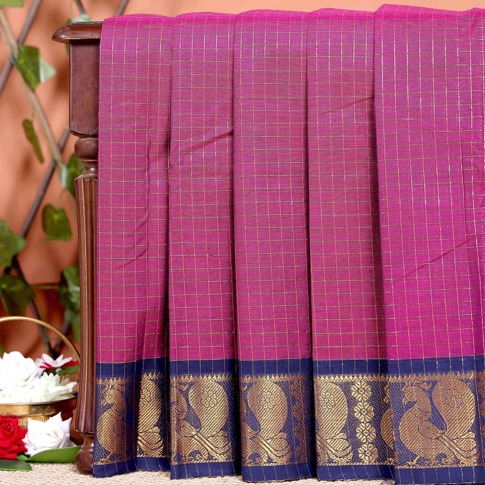 Traditional Chettinad Cotton Saree with Woven Checks and Peacock Motif - Purple