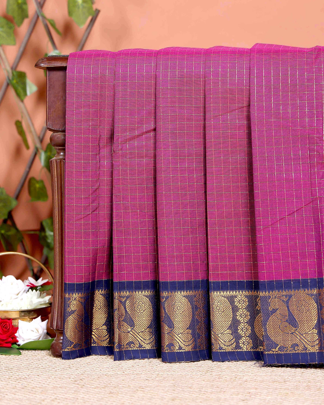 Traditional Chettinad Cotton Saree with Woven Checks and Peacock Motif - Purple