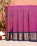 Traditional Chettinad Cotton Saree with Woven Checks and Peacock Motif - Purple