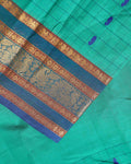 Traditional Chettinad Cotton Saree with a Striped Body and Temple Motif Border -  Aqua Blue-CLOSE