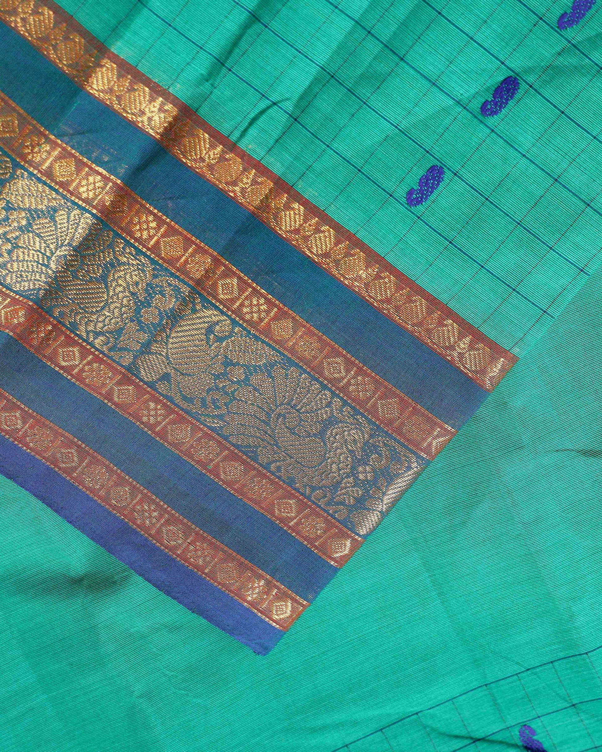 Traditional Chettinad Cotton Saree with a Striped Body and Temple Motif Border -  Aqua Blue-CLOSE