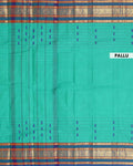 Traditional Chettinad Cotton Saree with a Striped Body and Temple Motif Border -  Aqua Blue