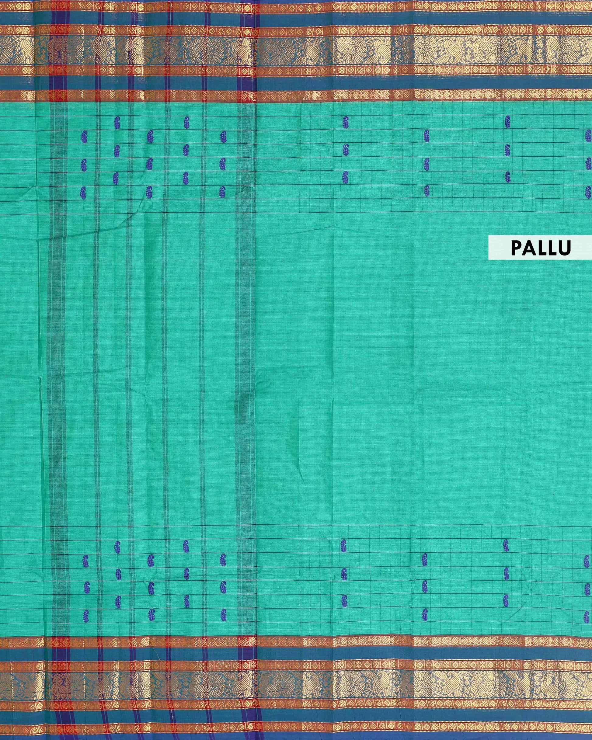 Traditional Chettinad Cotton Saree with a Striped Body and Temple Motif Border -  Aqua Blue