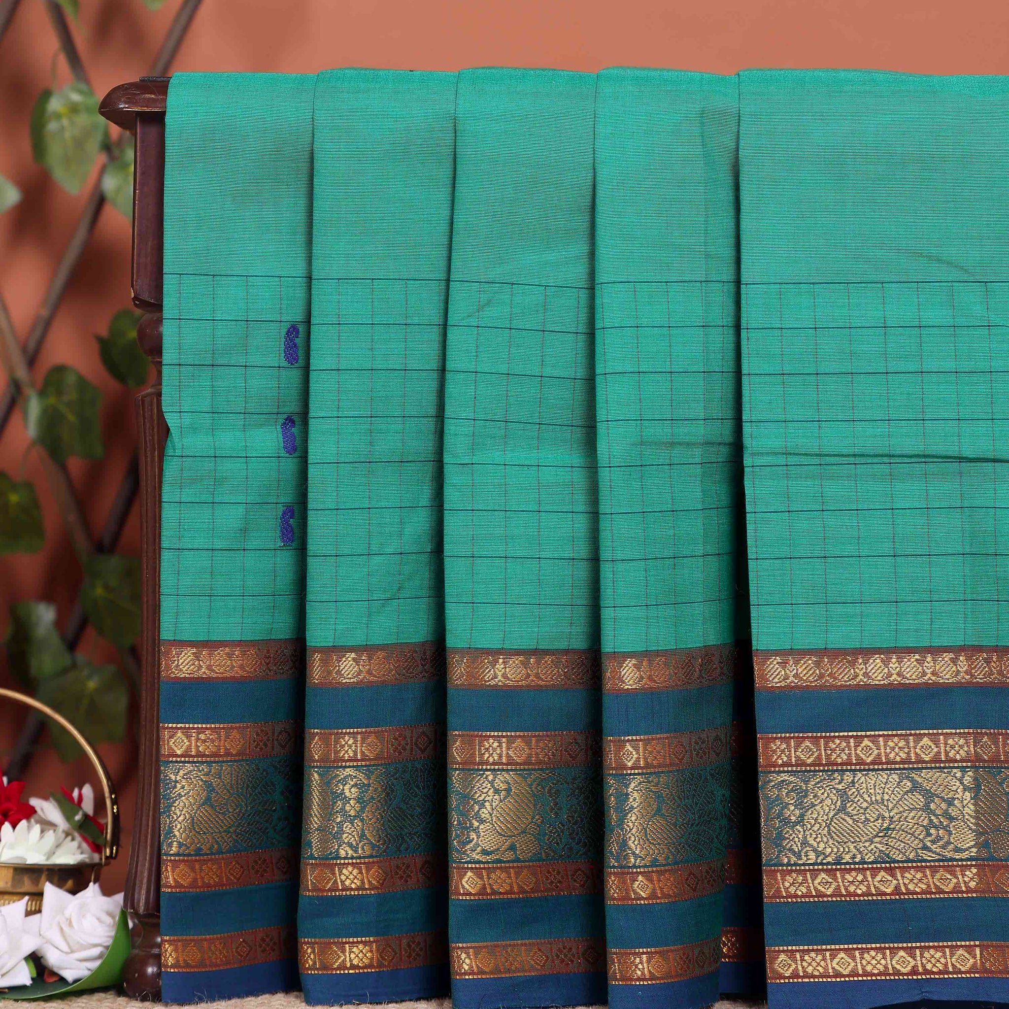 Traditional Chettinad Cotton Saree with a Striped Body and Temple Motif Border -  Aqua Blue