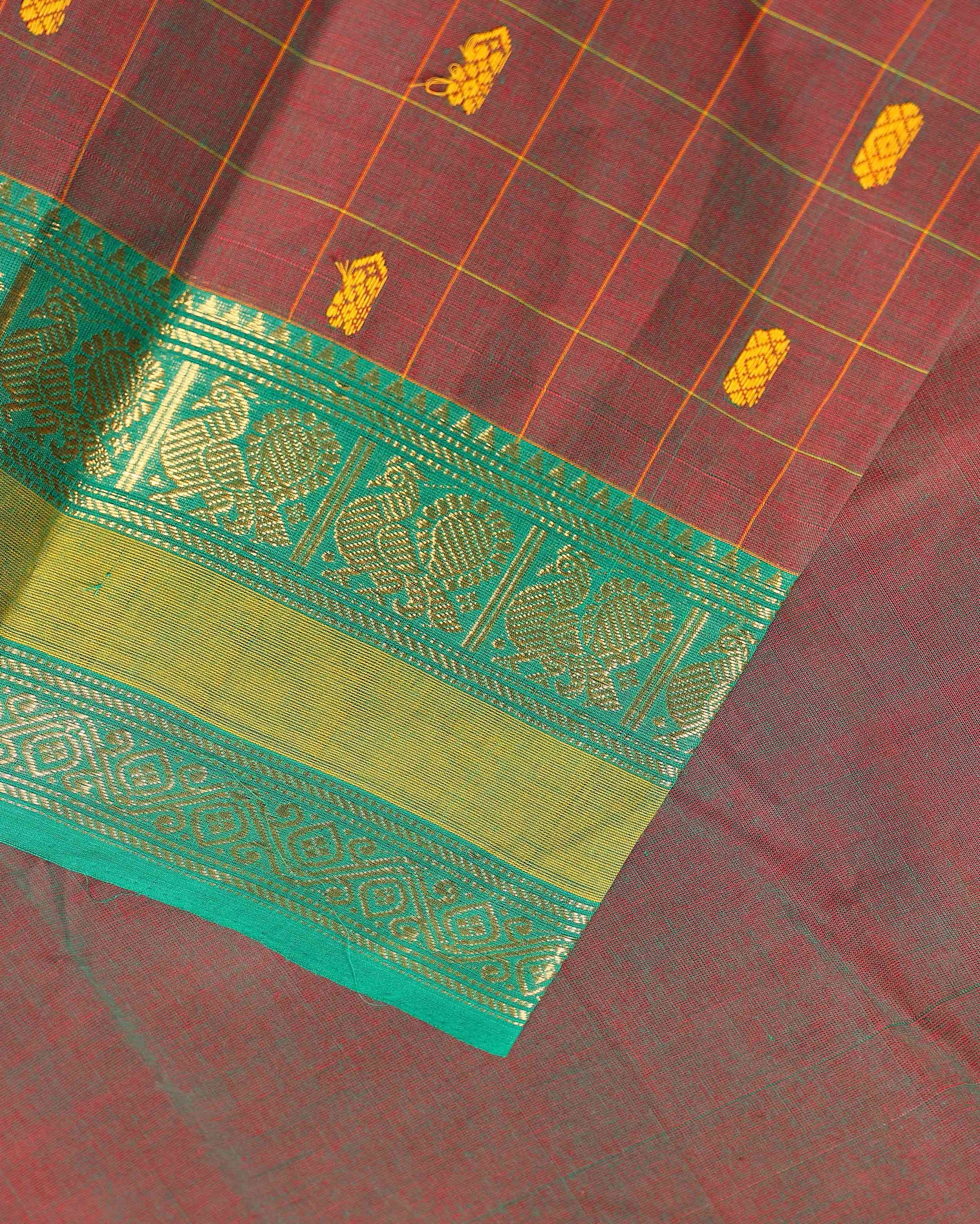 Traditional Chettinad Cotton Saree with a Striped Body and Temple Motif Border - Brown