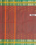 Traditional Chettinad Cotton Saree with a Striped Body and Temple Motif Border - Brown
