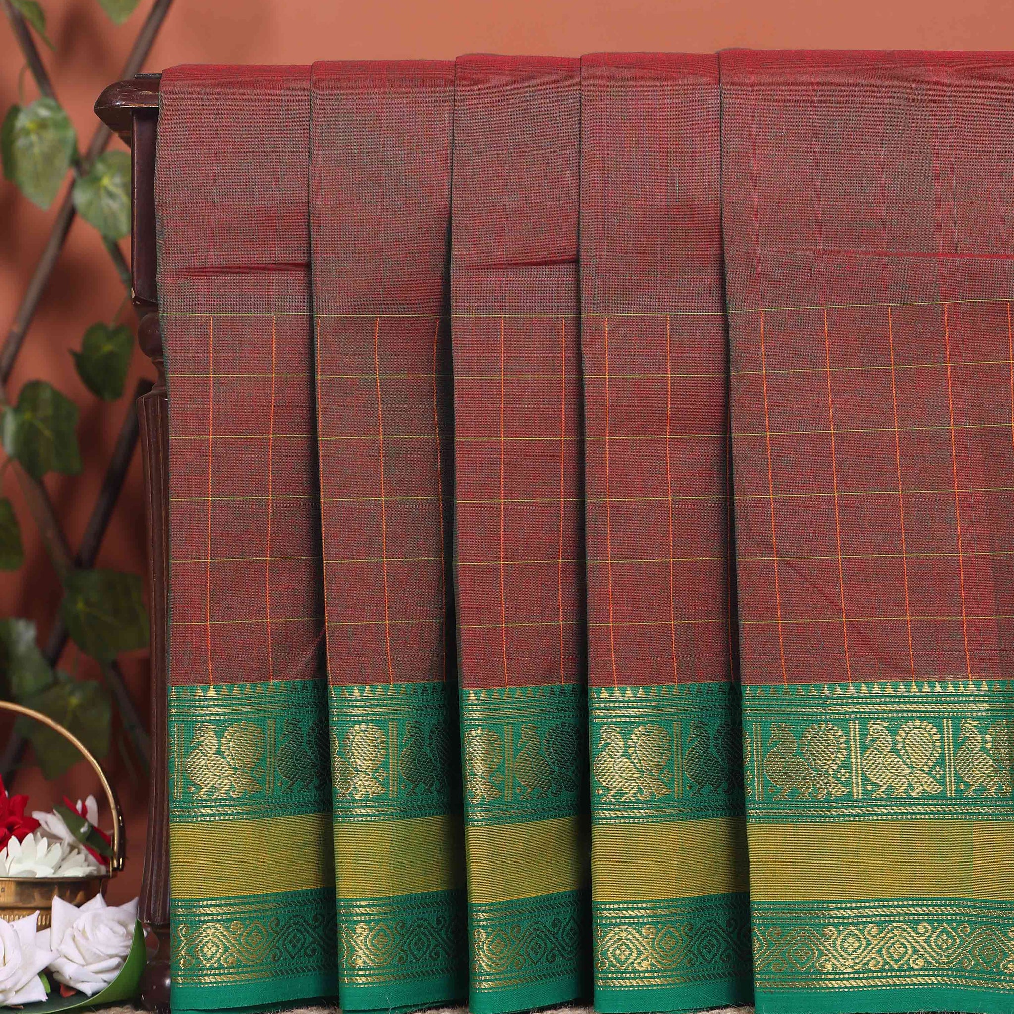 Traditional Chettinad Cotton Saree with a Striped Body and Temple Motif Border - Brown